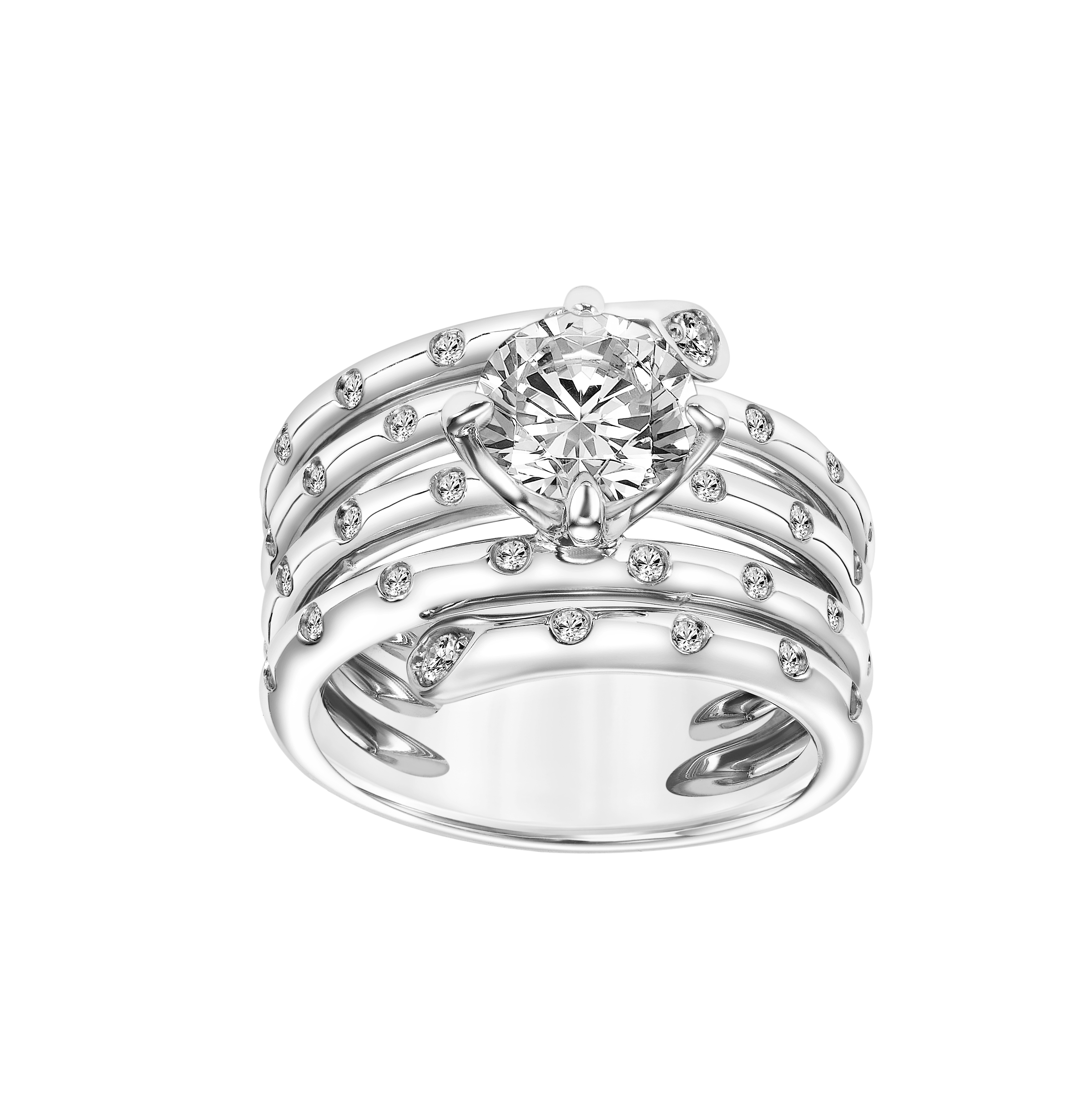 Multi Row Polished Wrap with Scattered Diamonds and Diamond Tips with East West Prong Set Diamond Center