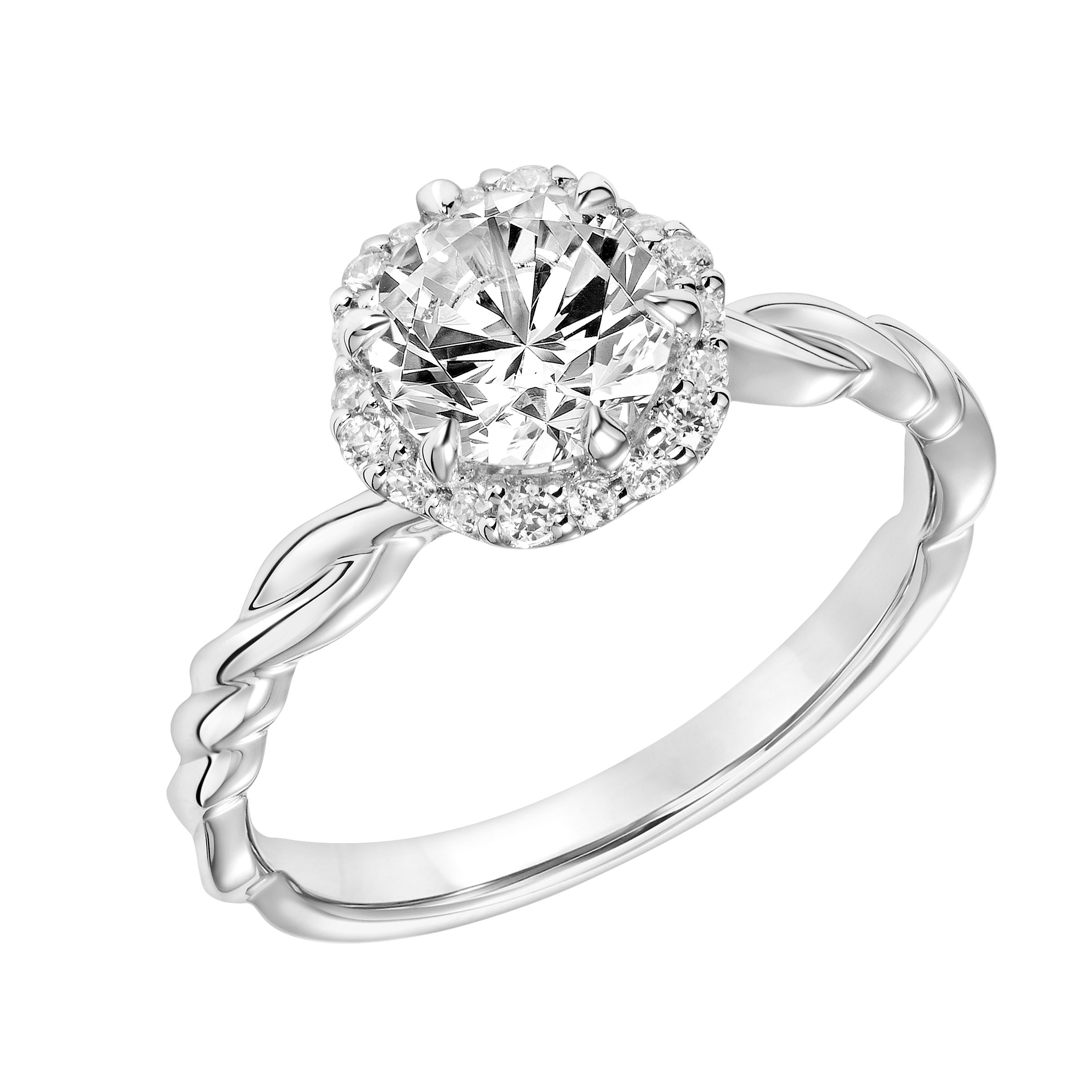 Dimaond Halo Engagement Ring with Twisted Polished Shank