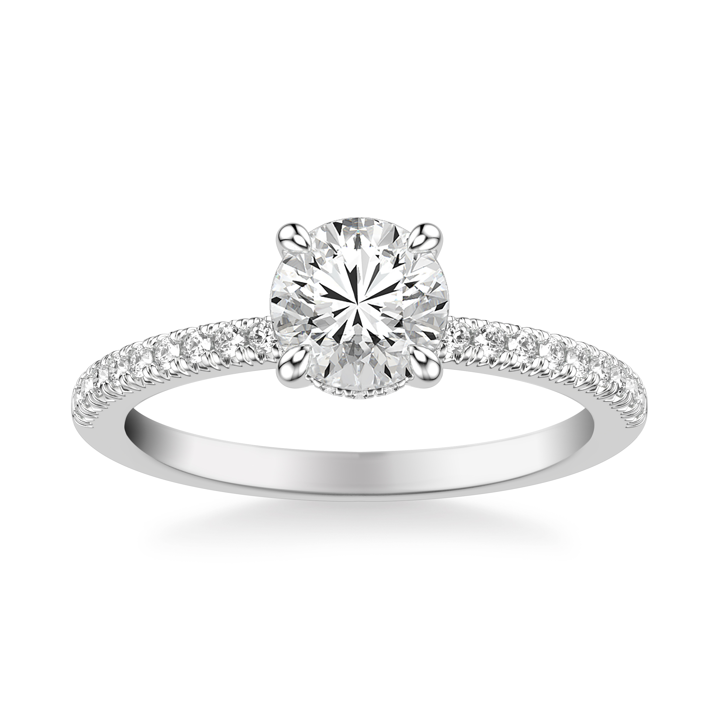 Classic Engagement Ring with Hidden Diamond Halo and Round French Pave Diamond Shank