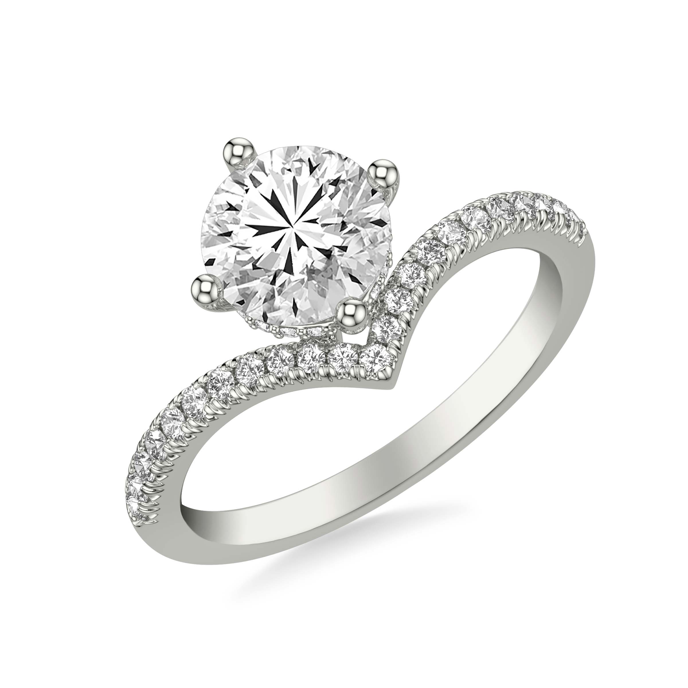 Contemporary Floating Diamond Engagement Ring with V Curved Diamond Shank