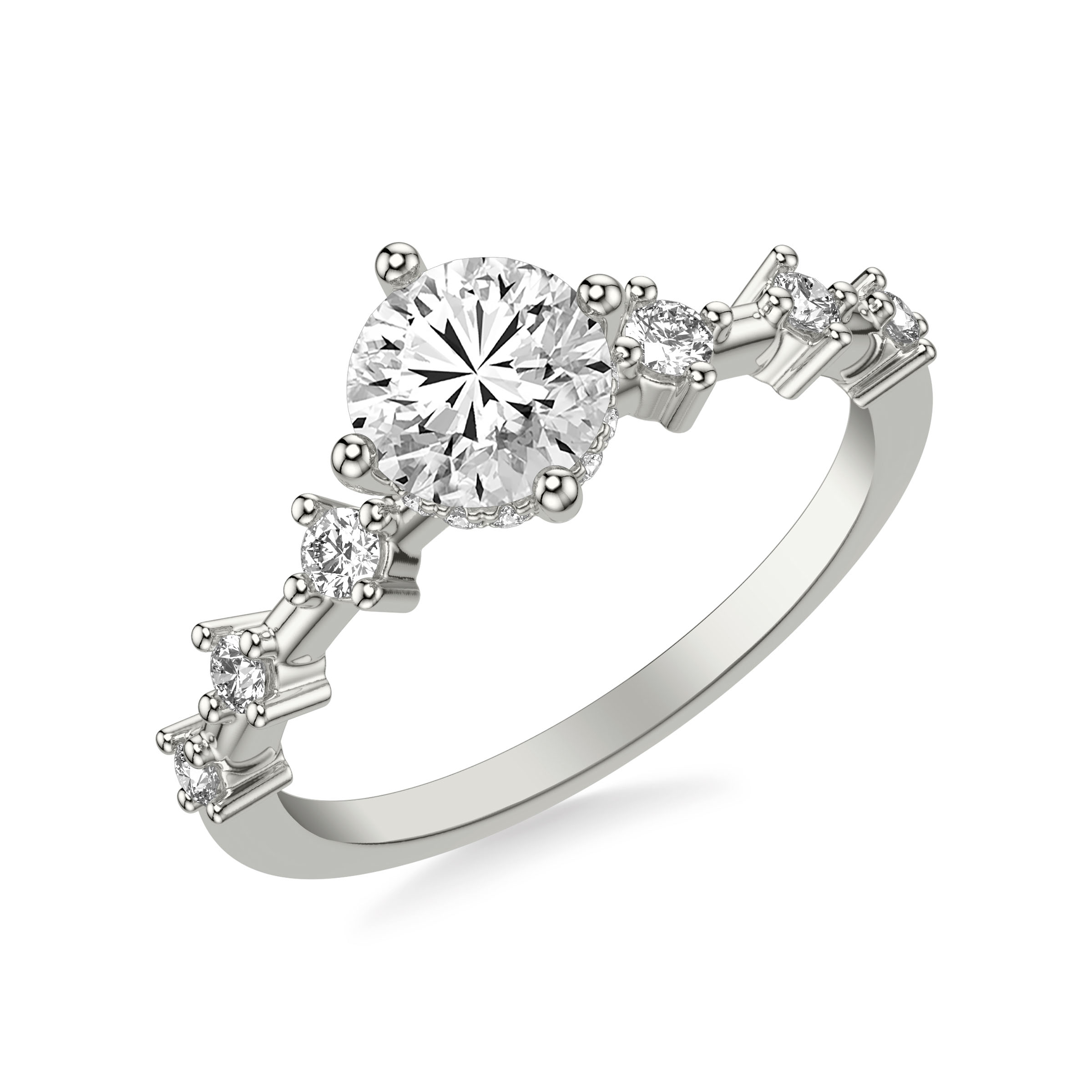 Contemporary Engagement Ring with Hidden Halo and Single Diamond Station Accented Band
