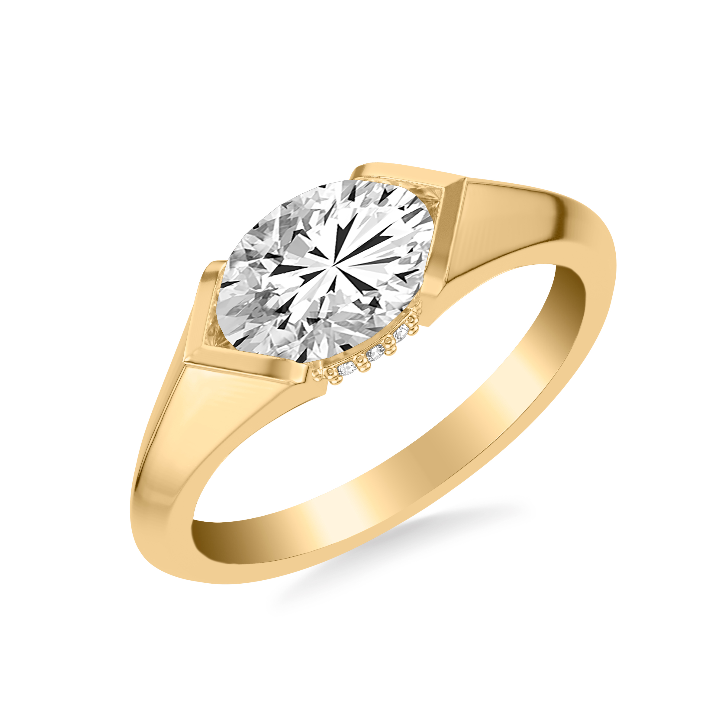 Contemporary East West Oval Engagement Ring with Hidden Halo and Knife Edge Polish Band