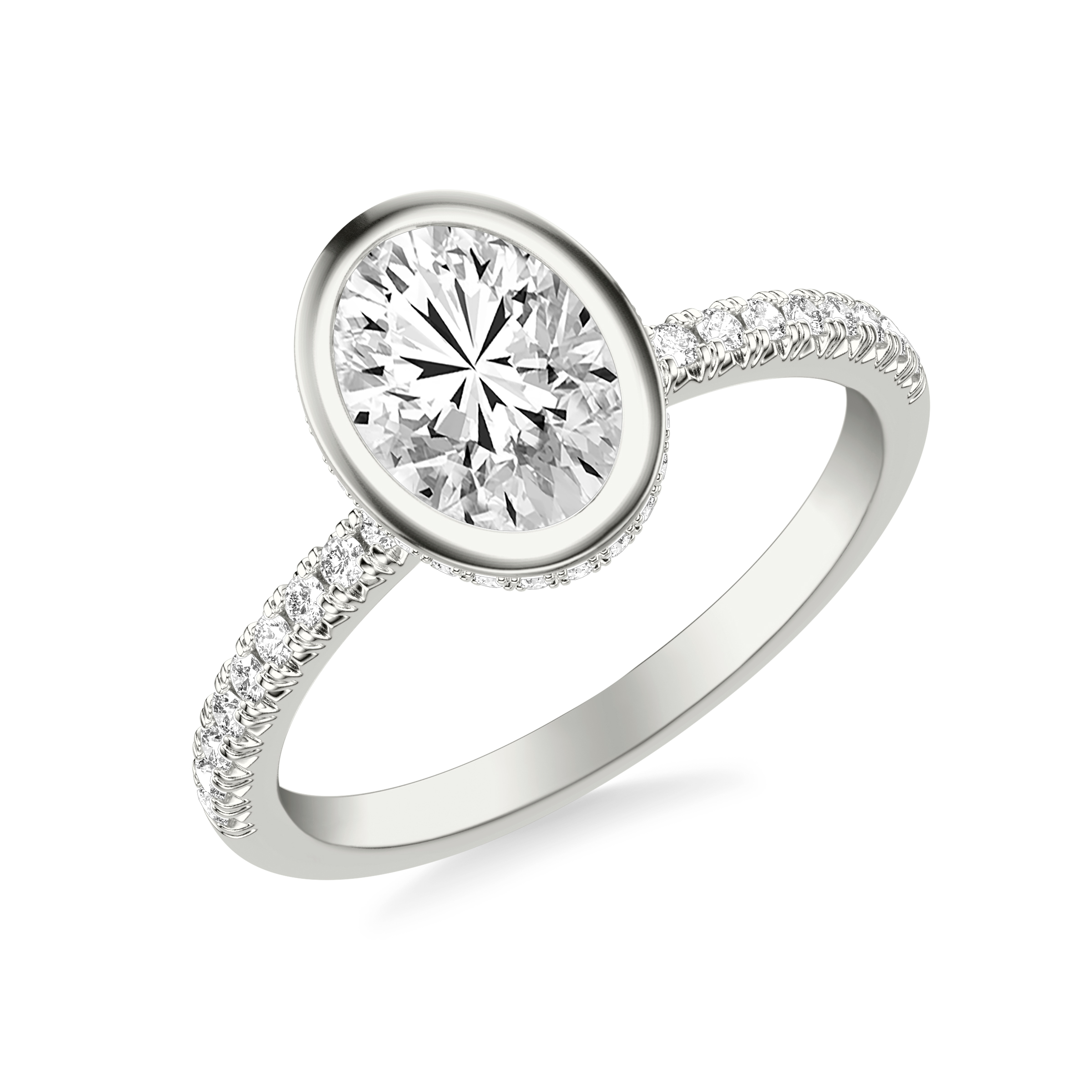 Contemporary Bezel Set Engagement Ring with Hidden Halo and Diamond Shank