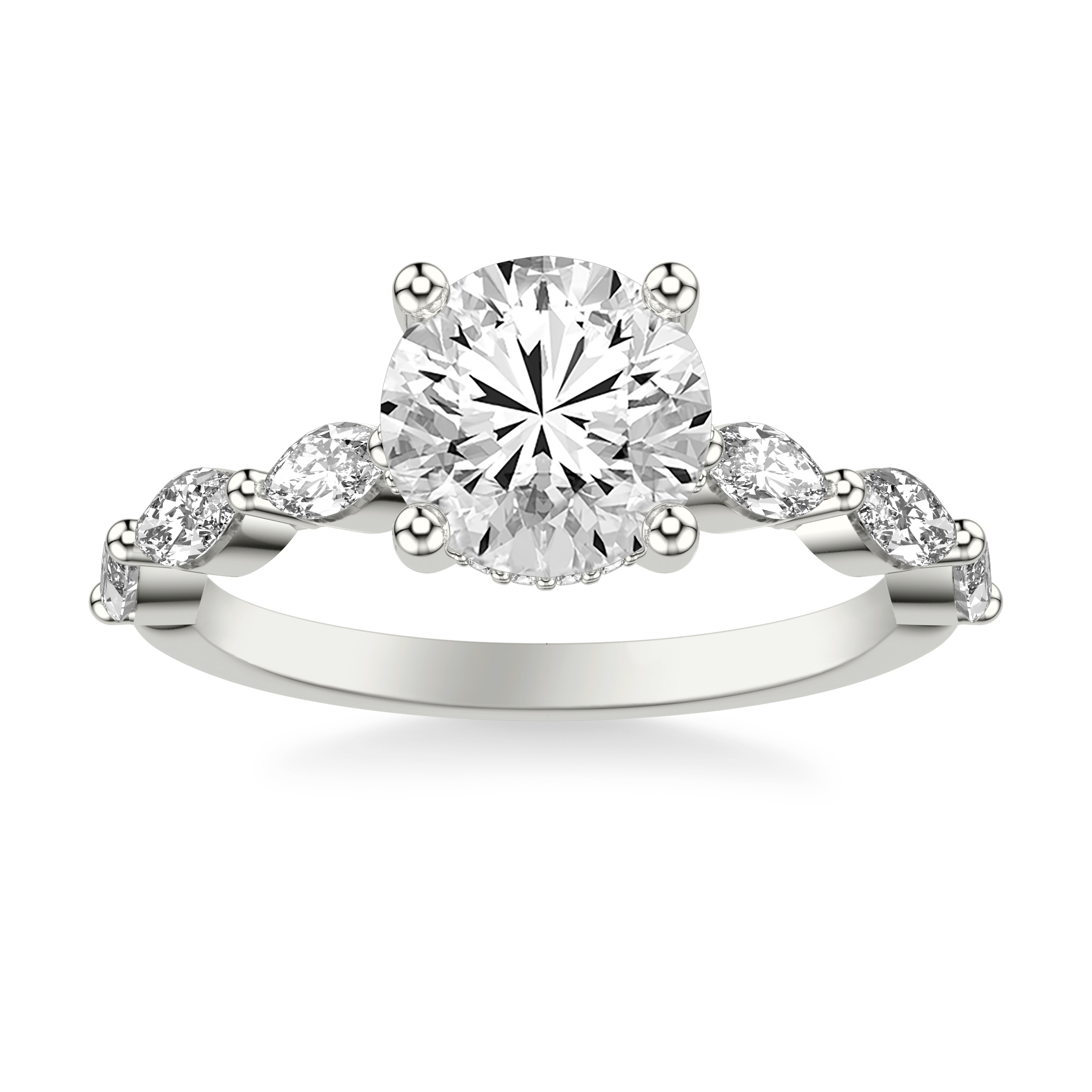 Contemporary Engagement Ring with Marquise Diamonds with Shared Prongs and Hidden Diamond Details