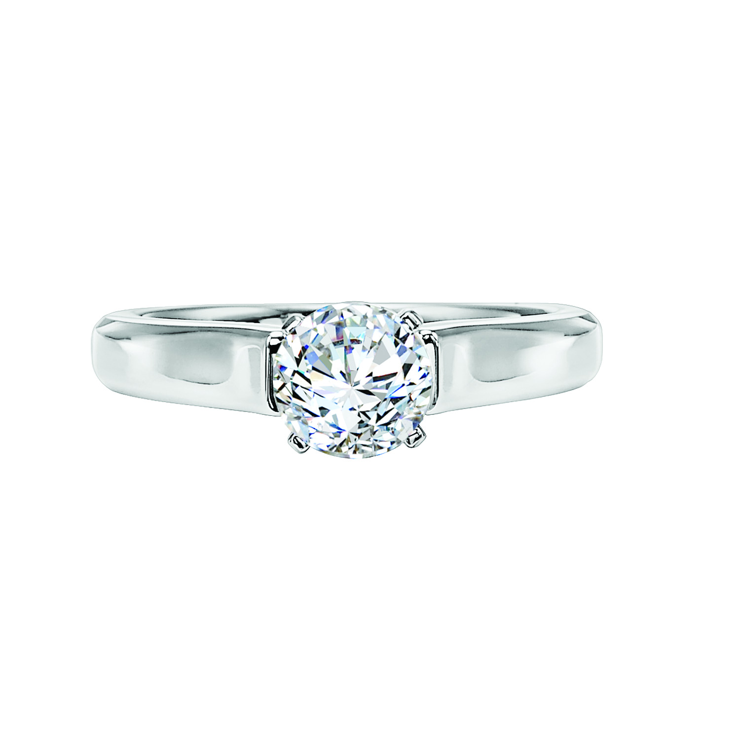 This modern solitaire features a bold, classic high polished band to brilliantly accentuate the center stone