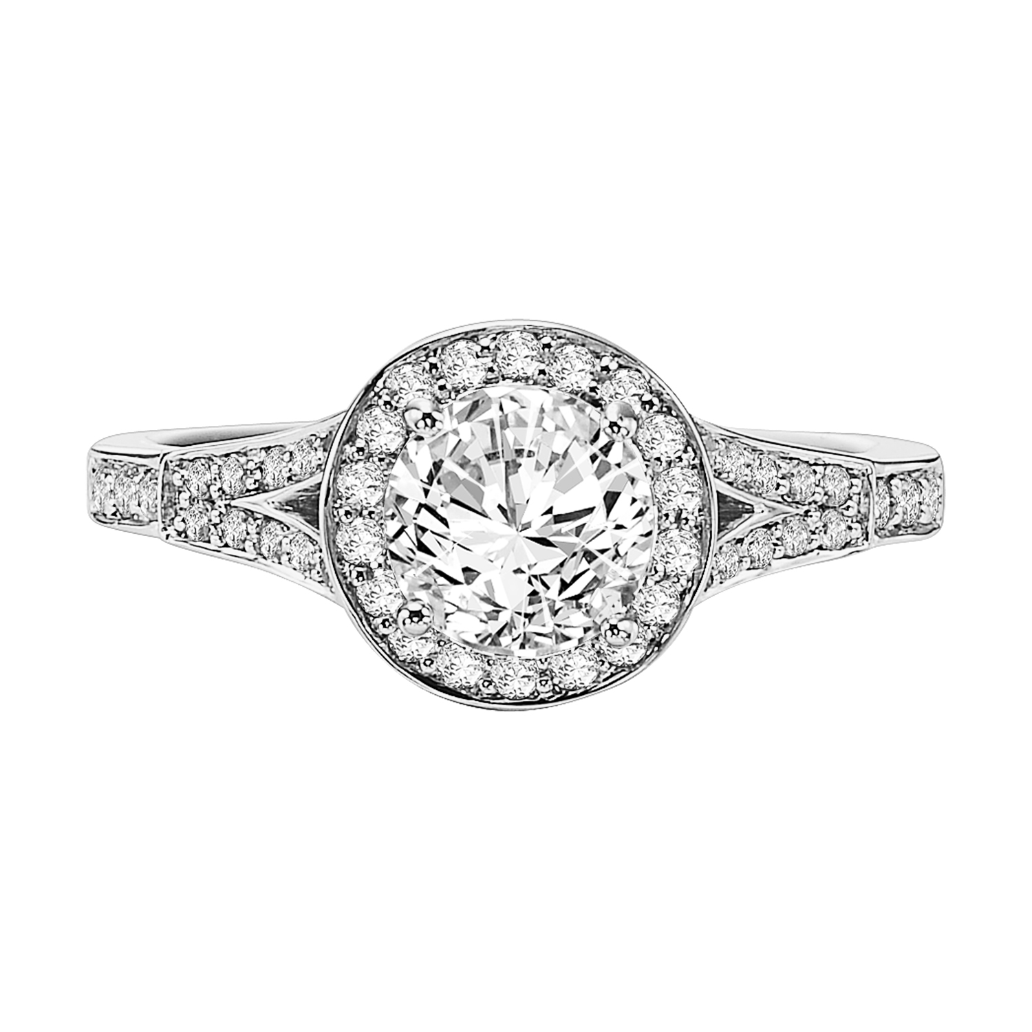 This delicately designed diamond split band setting is paired with a stunning diamond halo gracefully surrounding the round center diamond for the most intense sparkle