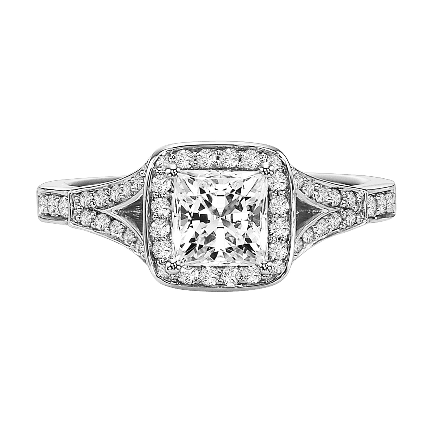 This delicately designed diamond split band setting is paired with a stunning diamond halo gracefully surrounding the princess cut diamond for the most intense sparkle