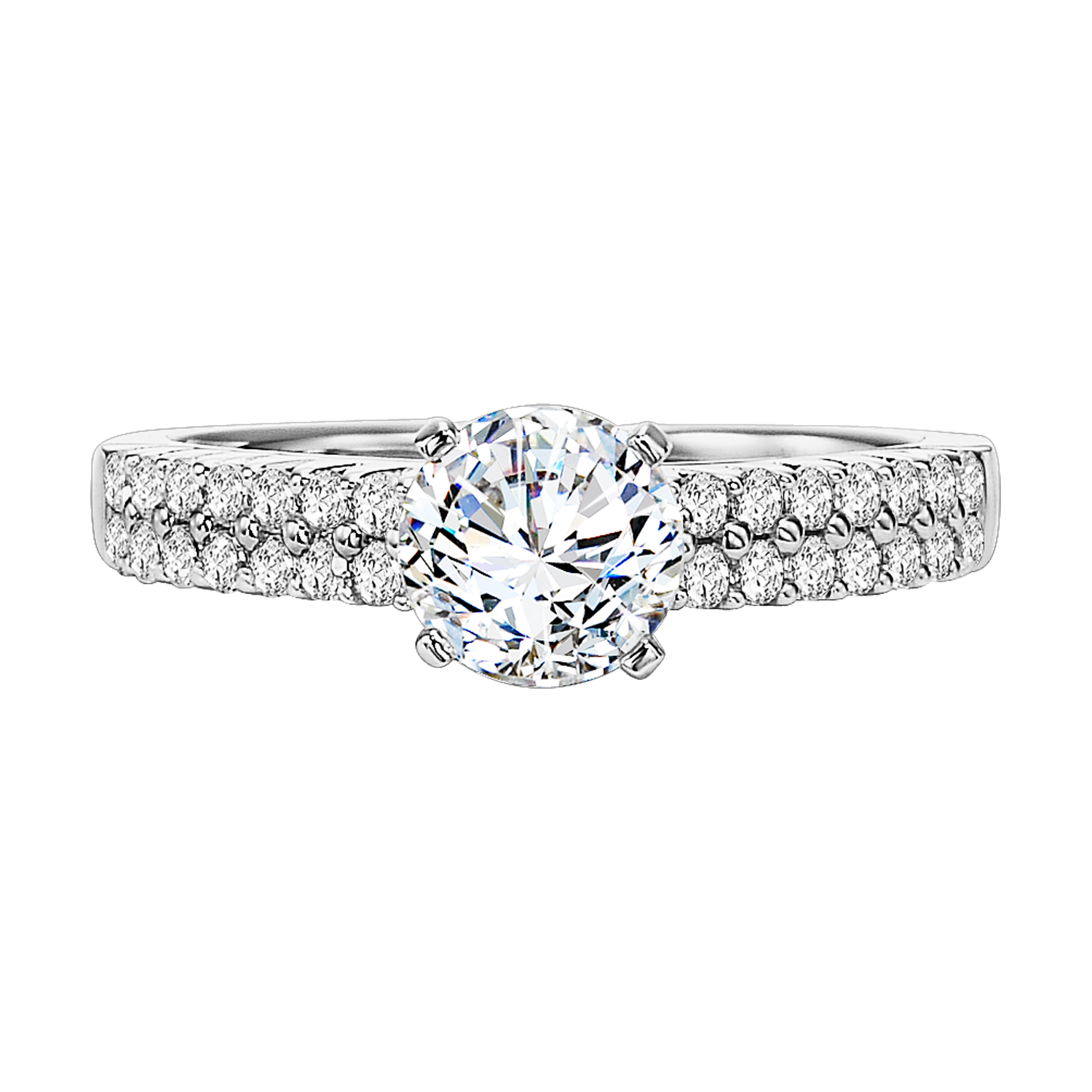 Breathtakingly beautiful, this classic round center diamond is set to sparkle with its two row prong set white diamond band