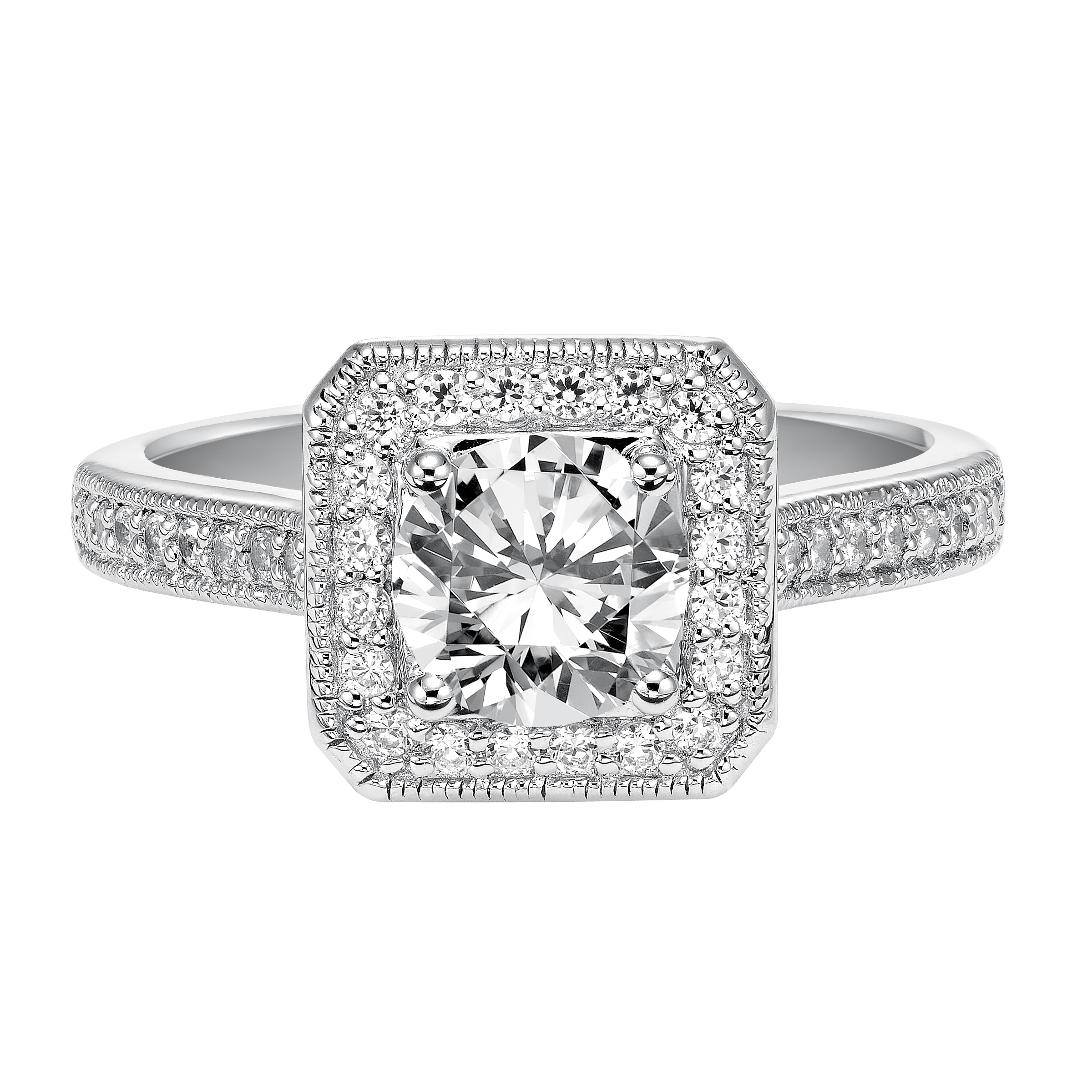 This striking vintage inspired diamond halo engagement ring features a delicately designed diamond and milgrain band