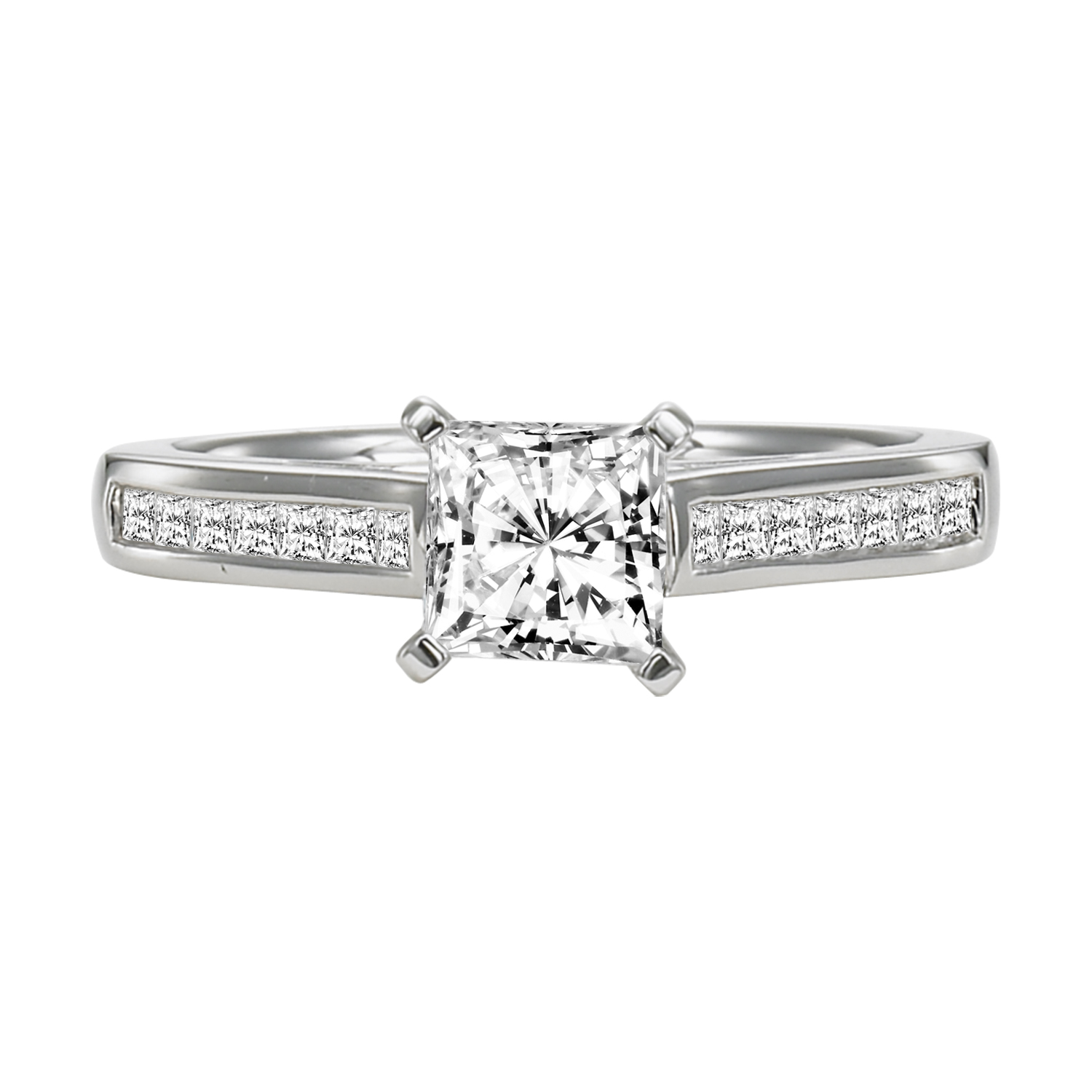 For the princess at heart, this classically designed princess cut diamond engagement ring is complimented by a princess cut diamond channel set band
