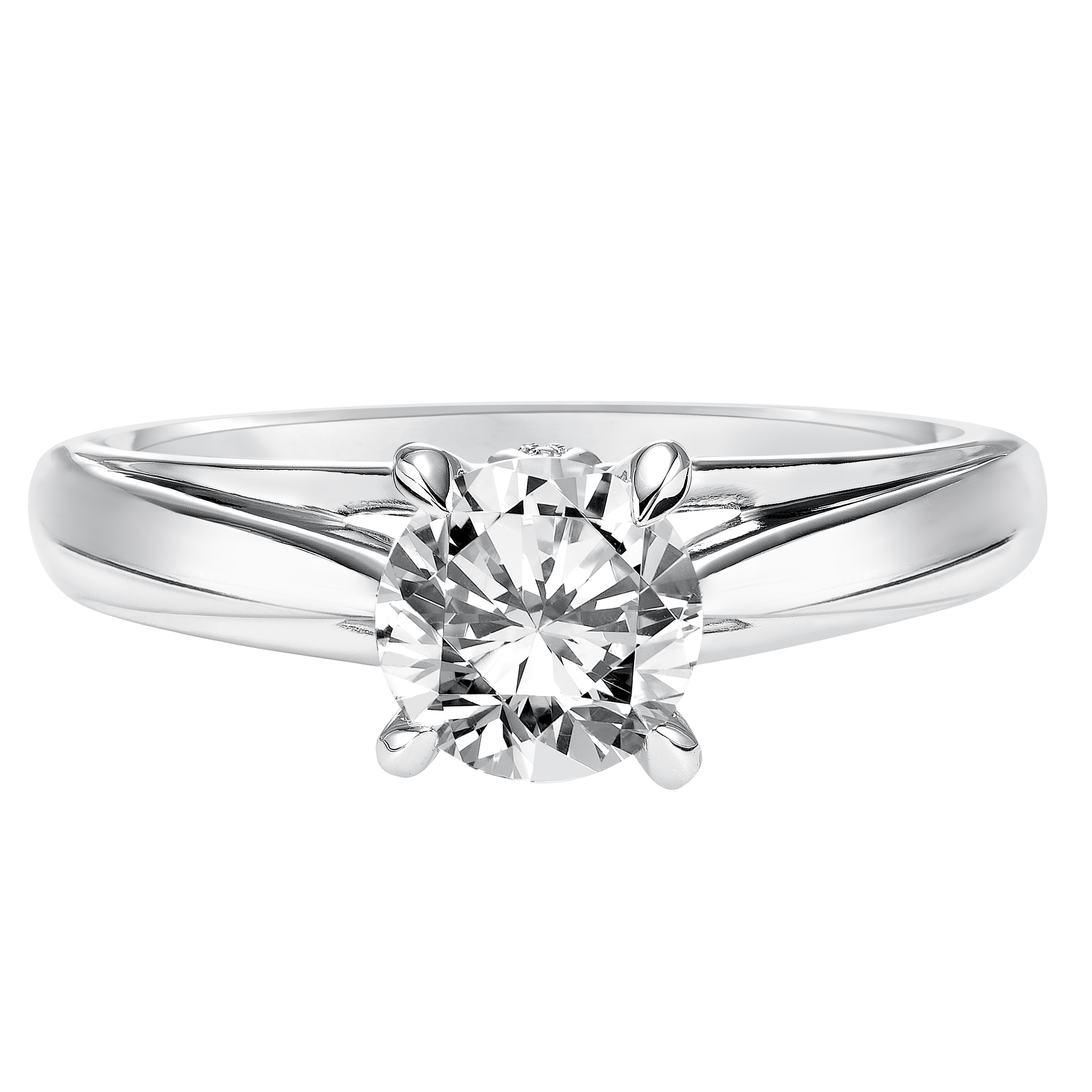 Classic with a twist for a timeless yet unique look This solitaire engagement ring features a four prong setting and high polished band with a surprise diamond accent