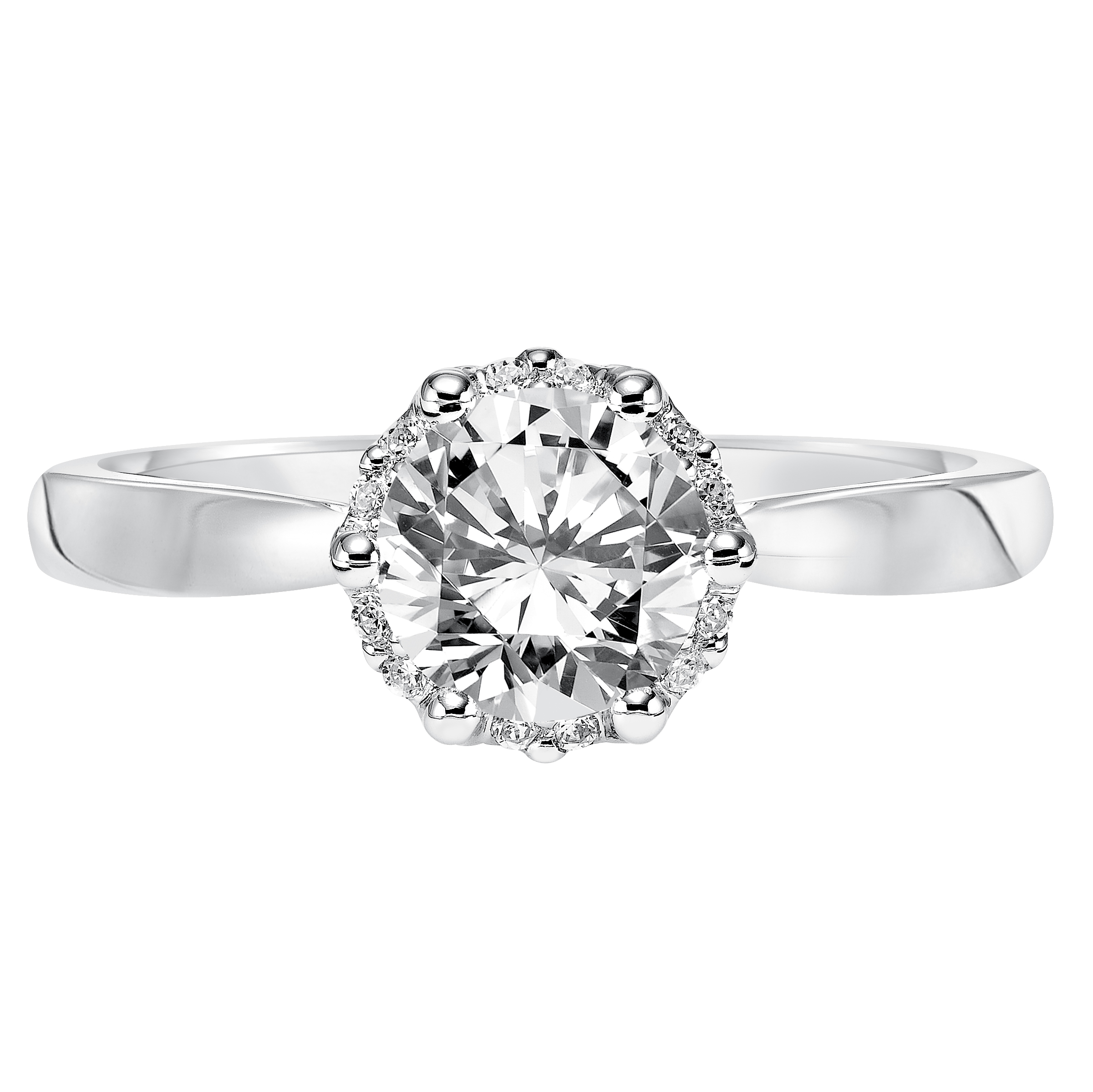 Classic glamour inspired the design of this engagement ring featuring a round diamond brilliantly accentuated by a prong set diamond halo and high polished band