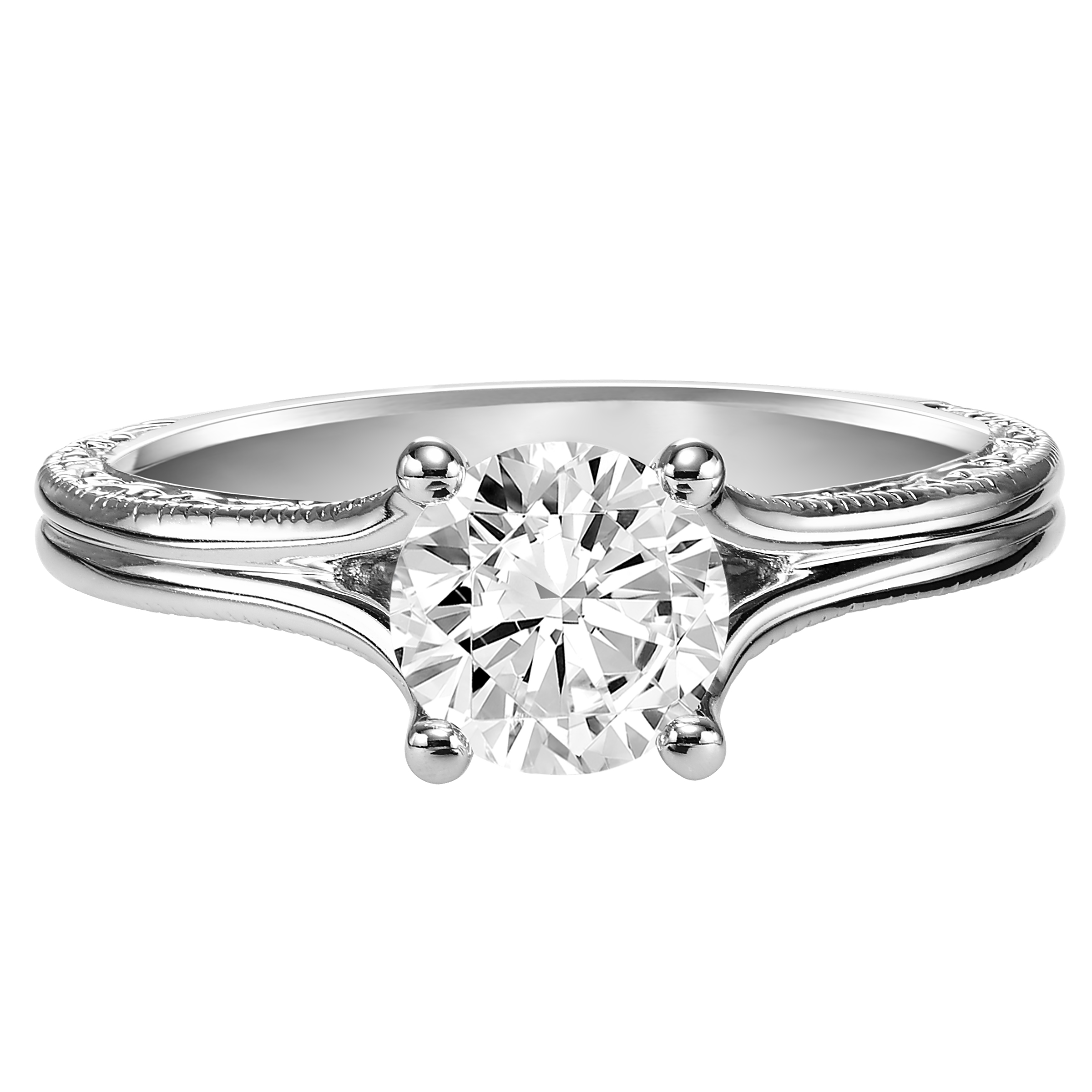 This engagement ring features gorgeous engraving and milgrain gracing the side of the band while the top contrasts with a high polished finished