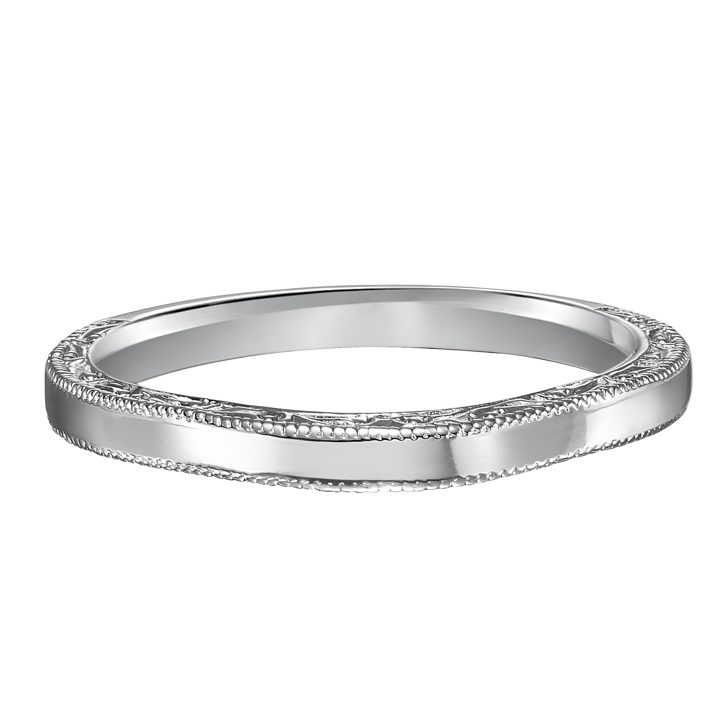 Wedding band with high polished shank accentuated with milgrain and engraving on the sides.