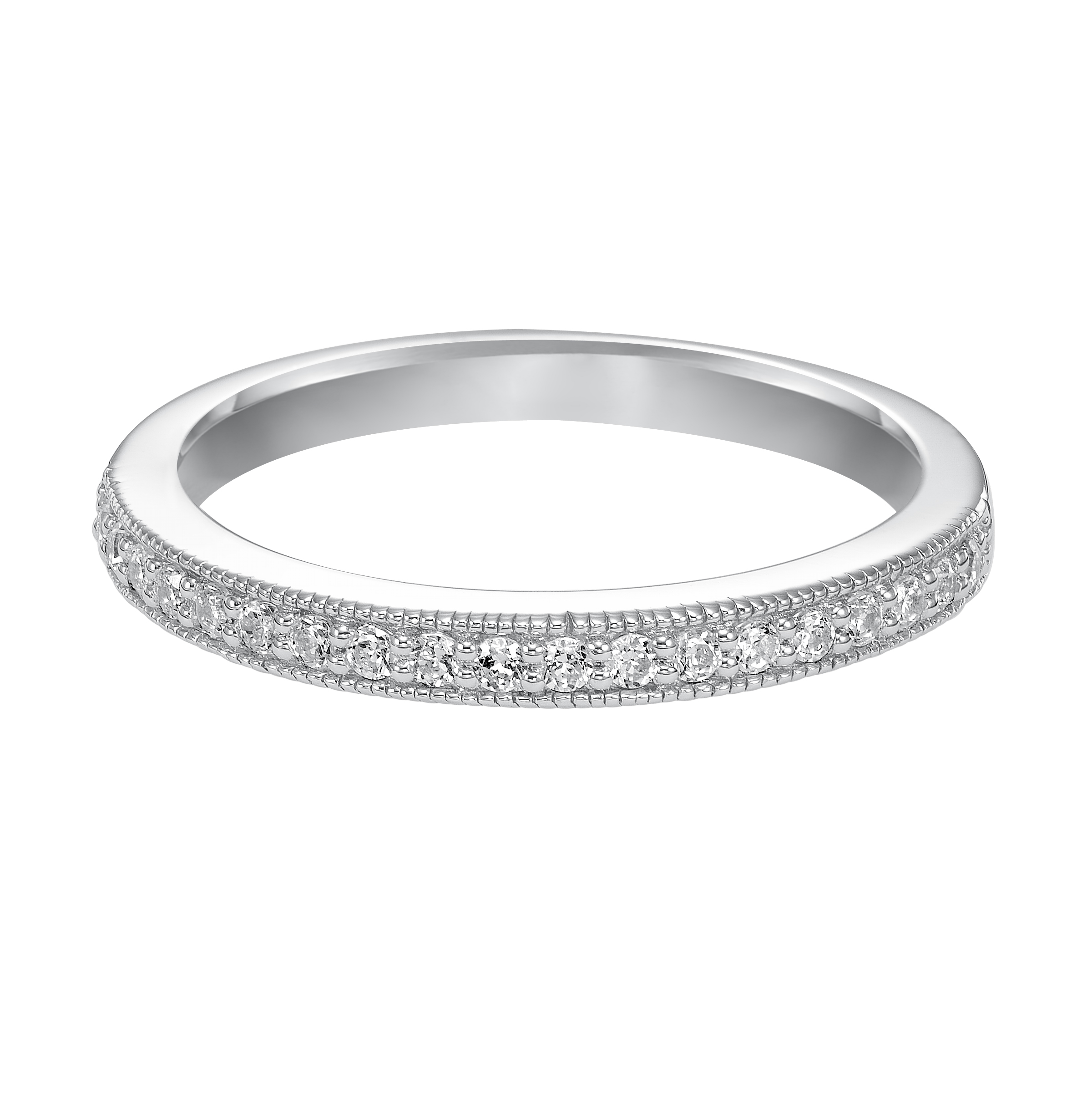 Wedding band with bead set, round diamonds and milgrain.
