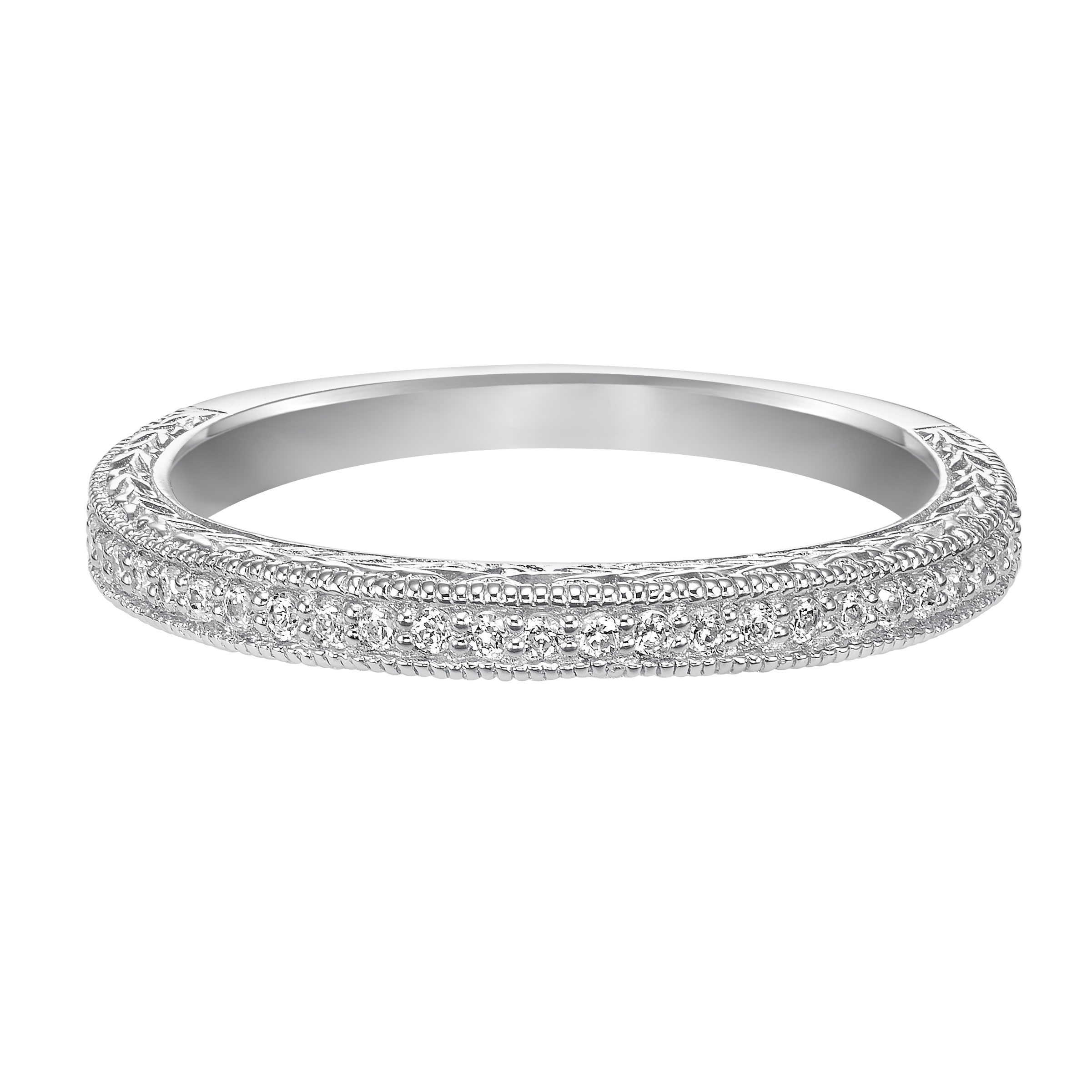 Wedding band with bead set, round diamonds, engraving and milgrain.