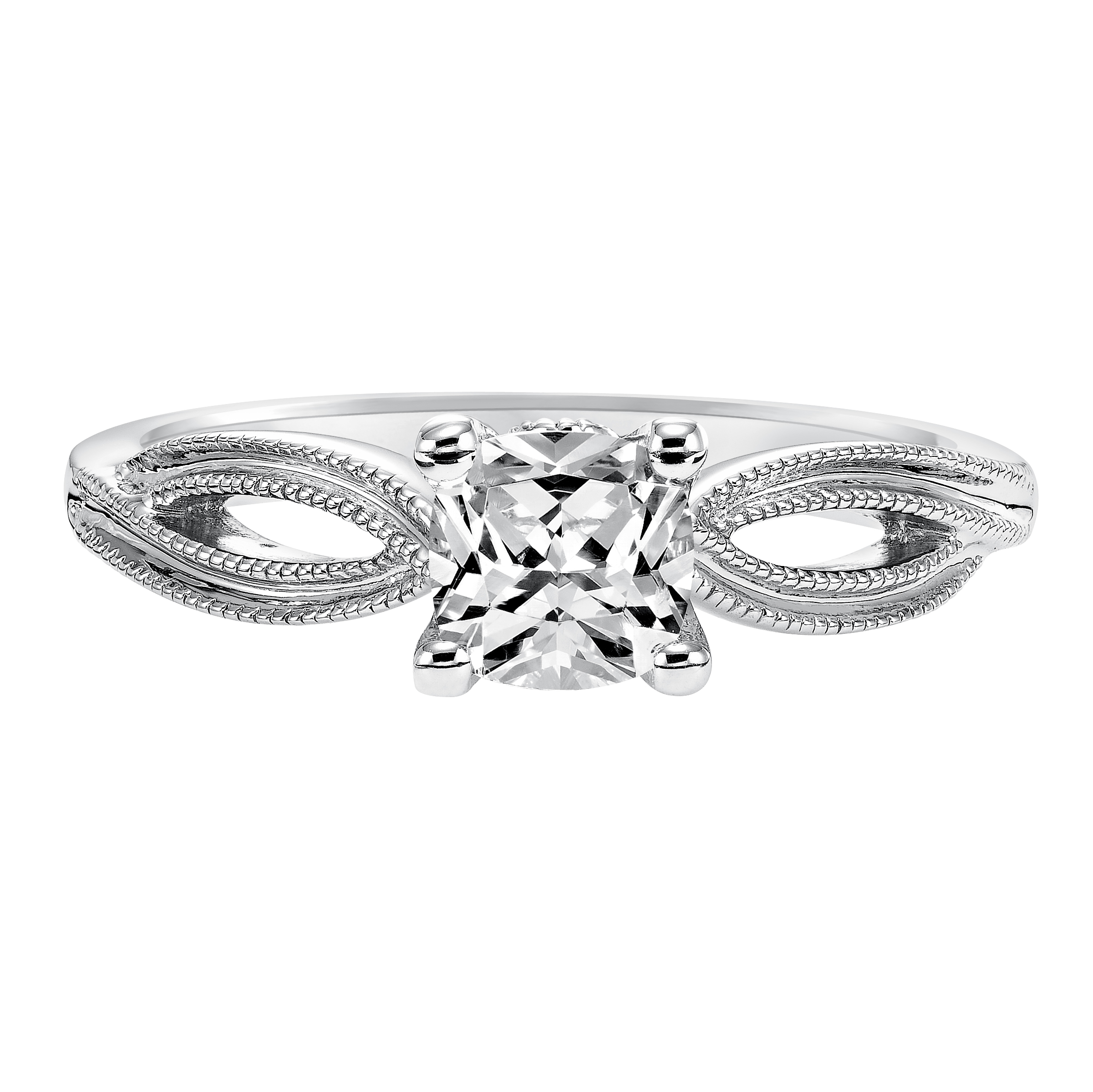 Charming and refined, this ribbon-twist inspired engagement ring design features traditional milgrain detailing to enhance this cushion cut diamond center stone