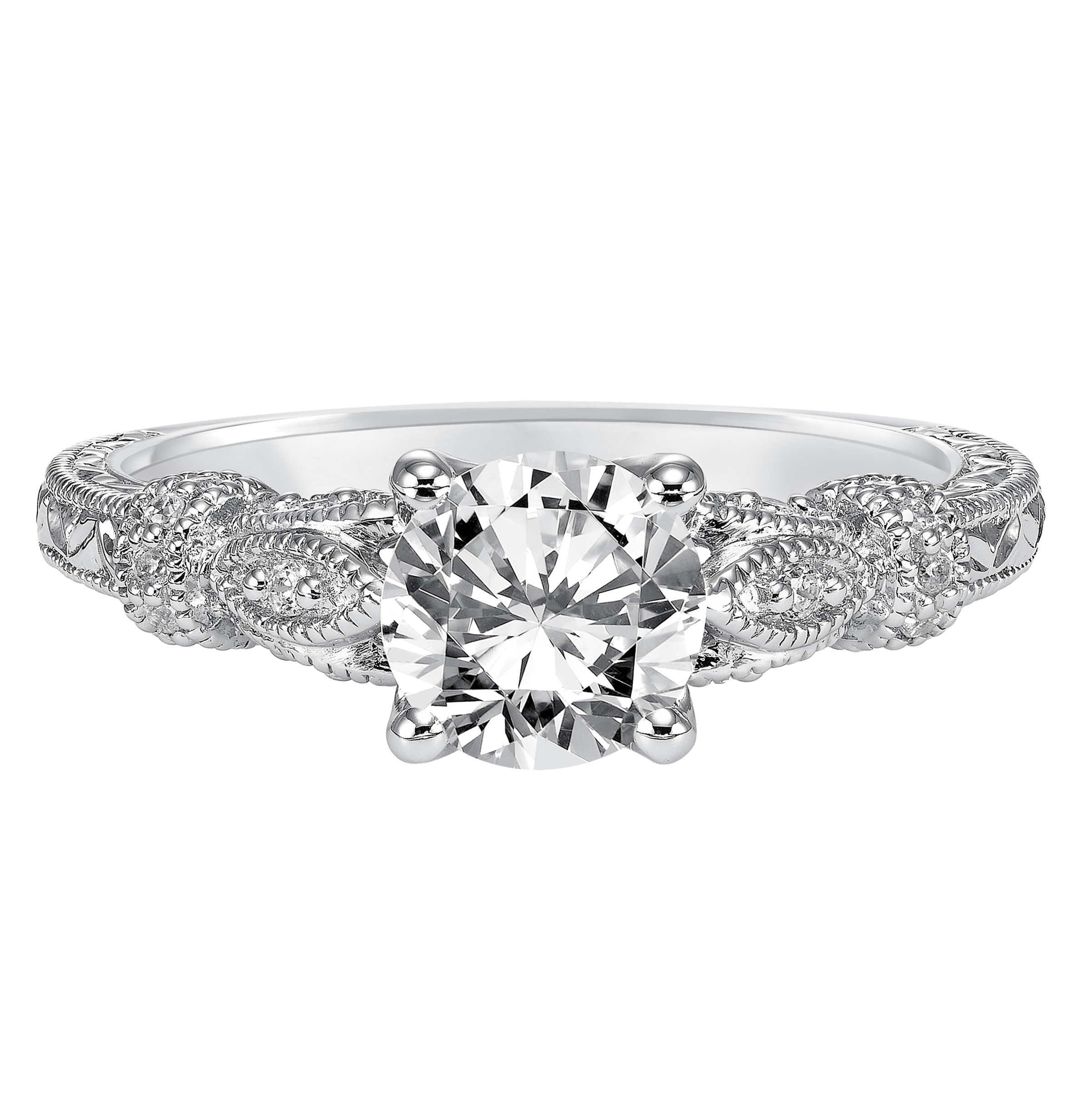 Featuring a round center diamond, this engraved and diamond prong set band with milgrain is absolutely breathtaking