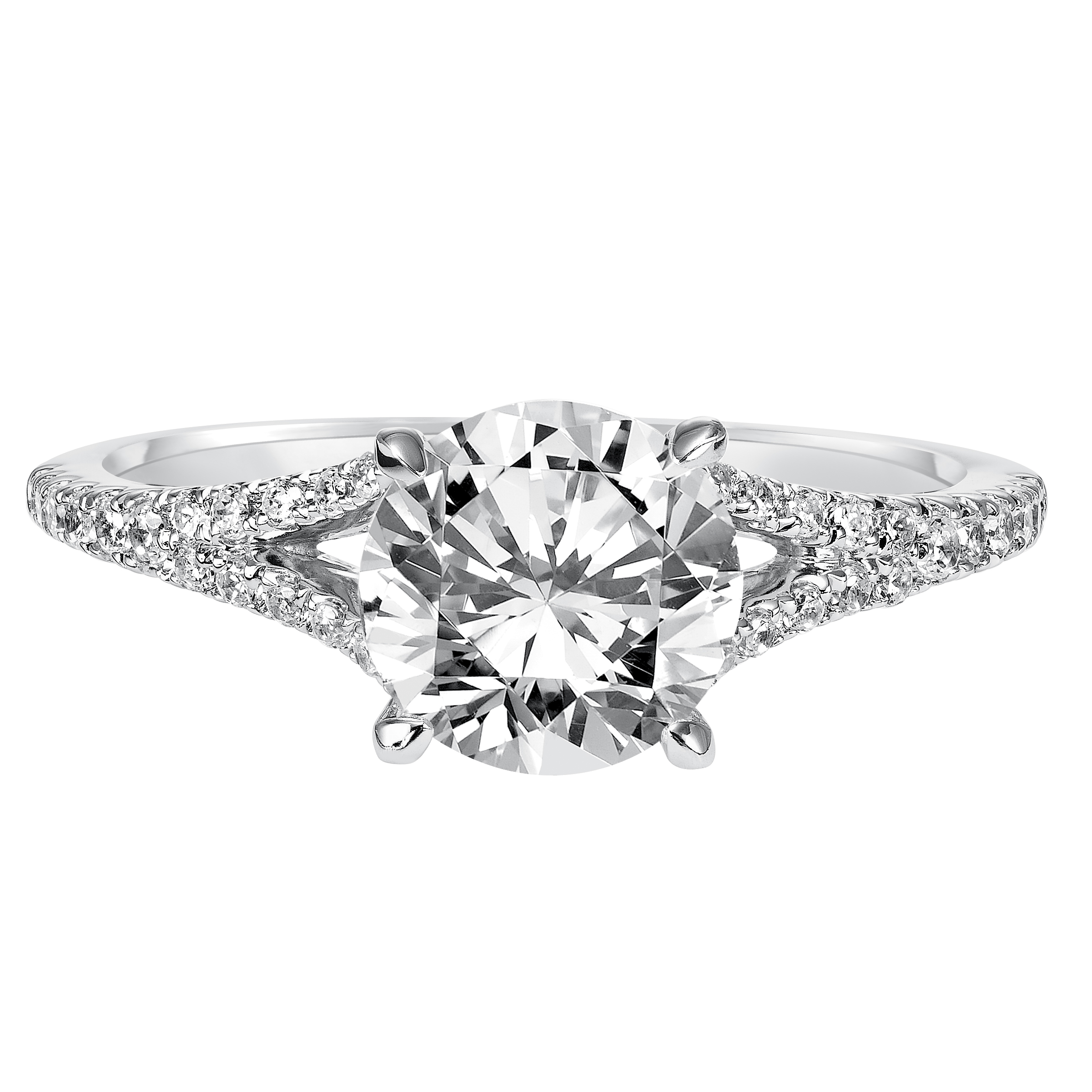 Striking yet elegant, this round diamond engagement ring features a delicate prong set diamond split band