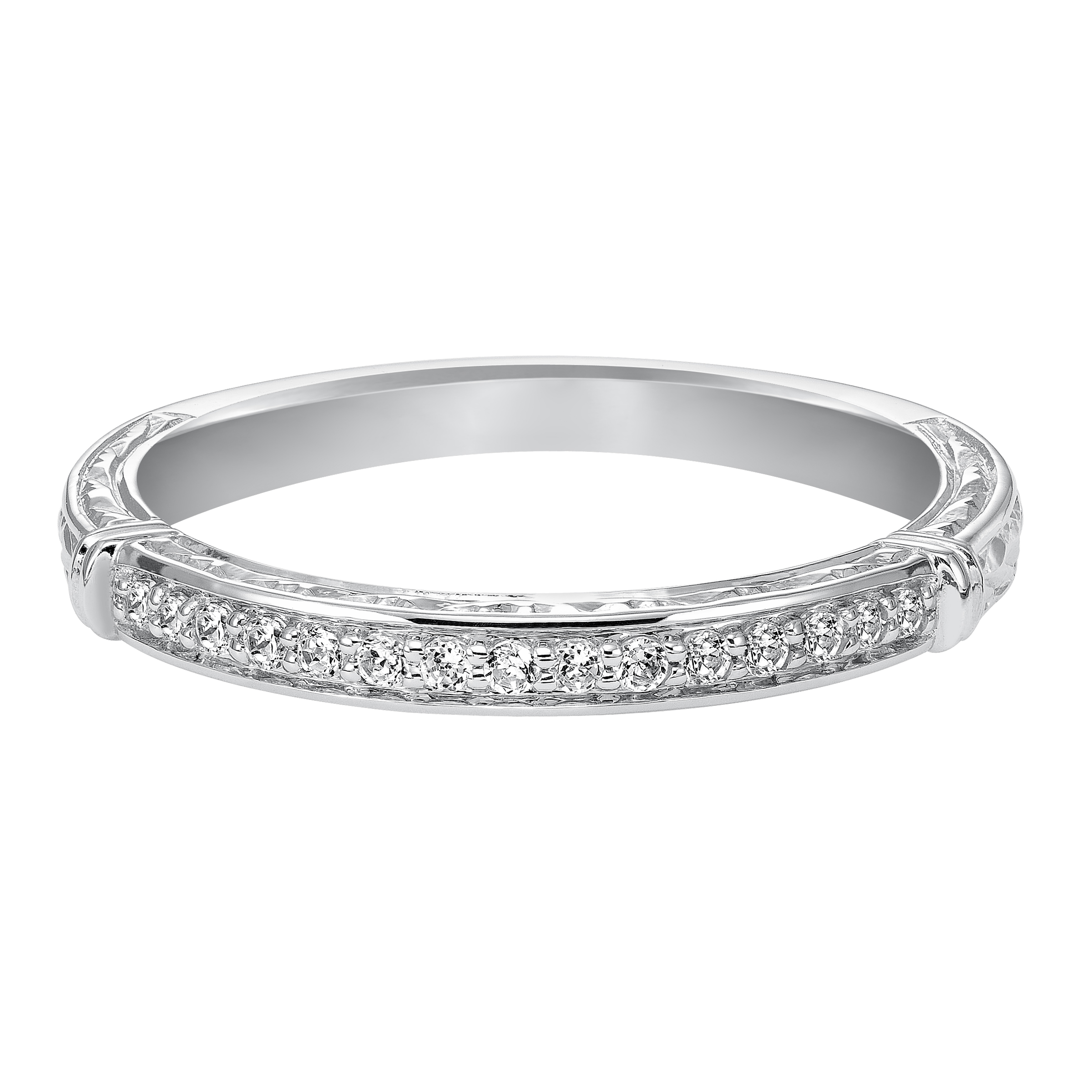 Wedding band with bead set, round diamonds, engraving and curved design to fit flush with matching engagement ring.