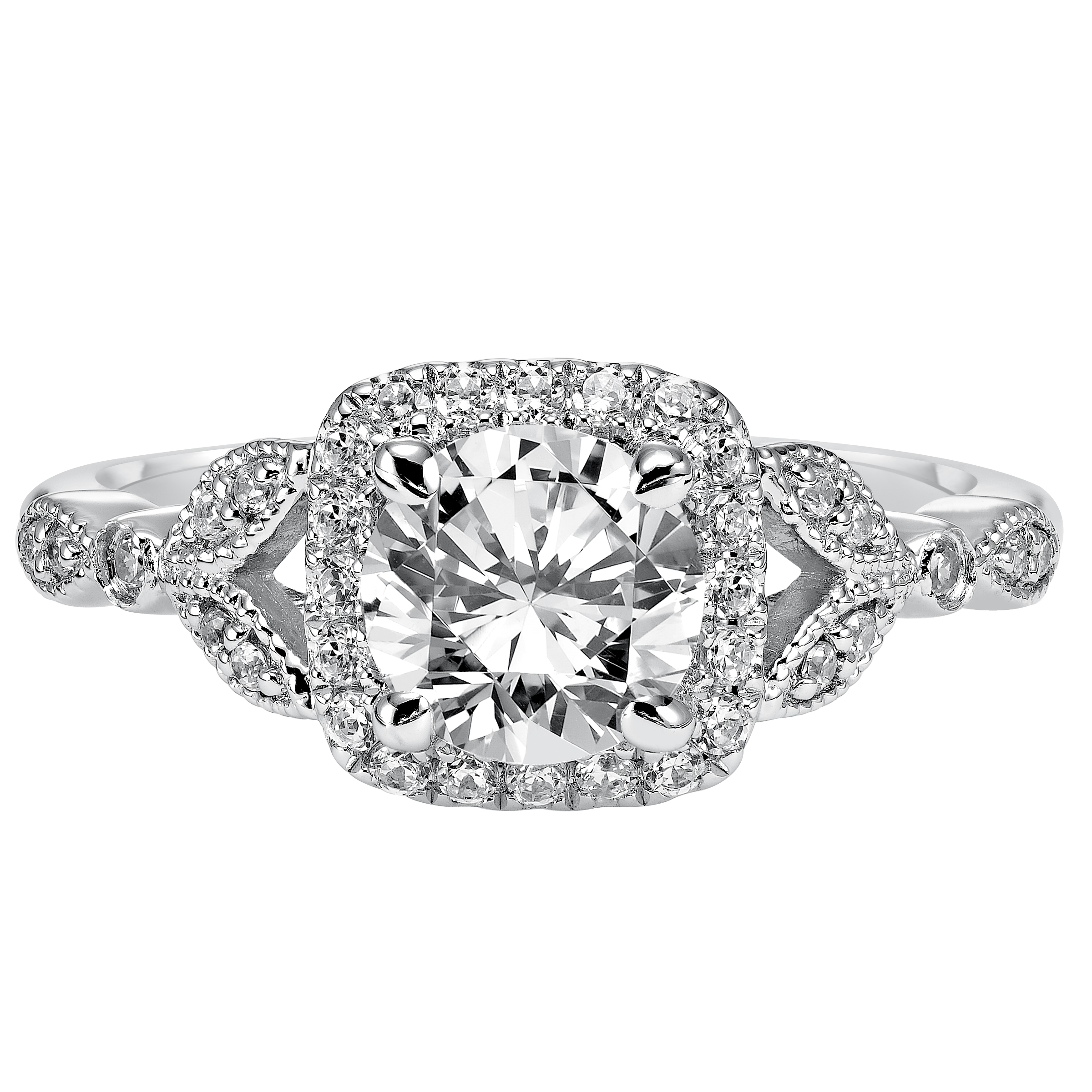 This whimsically styled engagement ring sparkles with its filigree and diamond halo and diamond prong set floral-inspired band