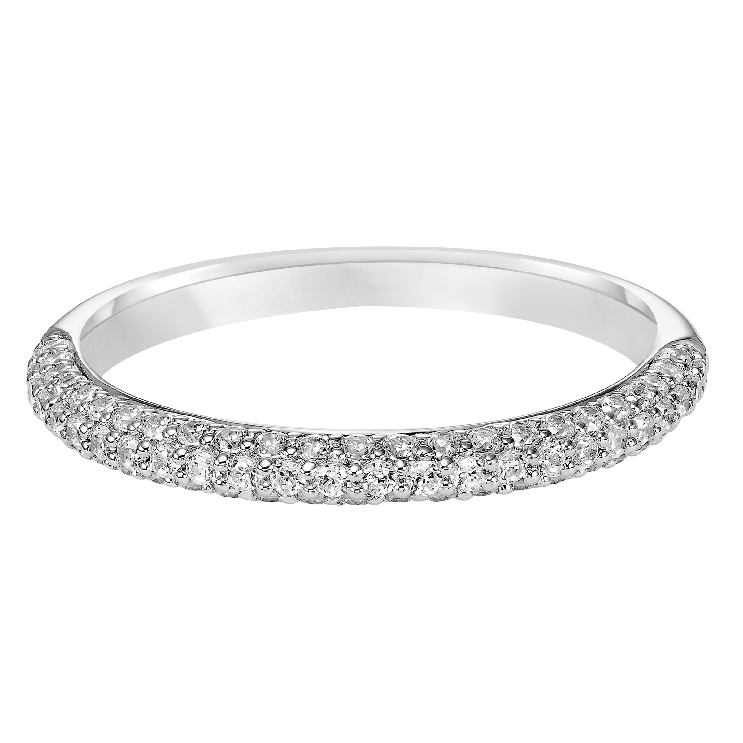 Wedding band with multi-row, pave set, round diamonds.