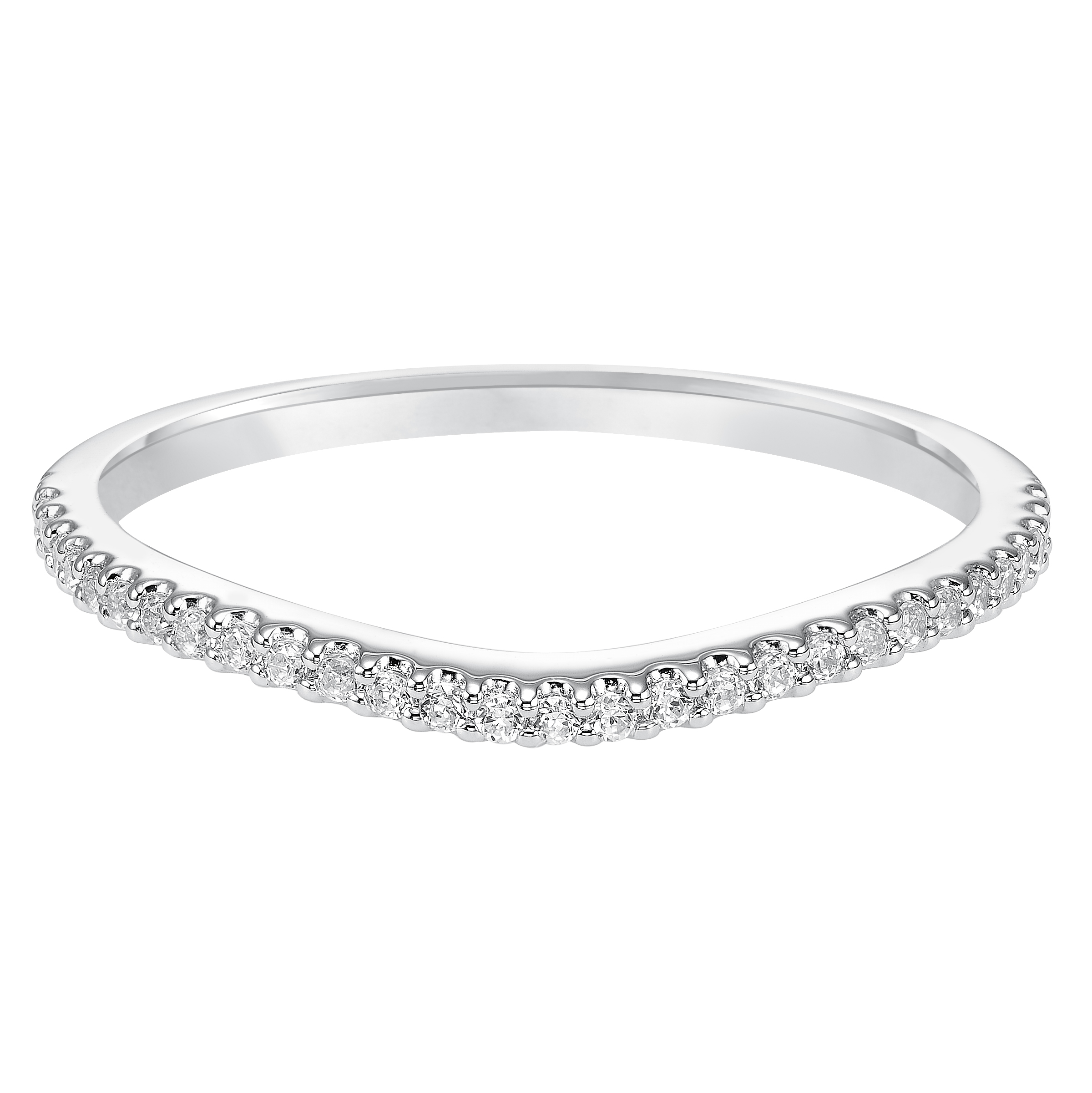 Wedding band with shared prong set, round diamonds and curved design to fit flush with matching engagement ring.