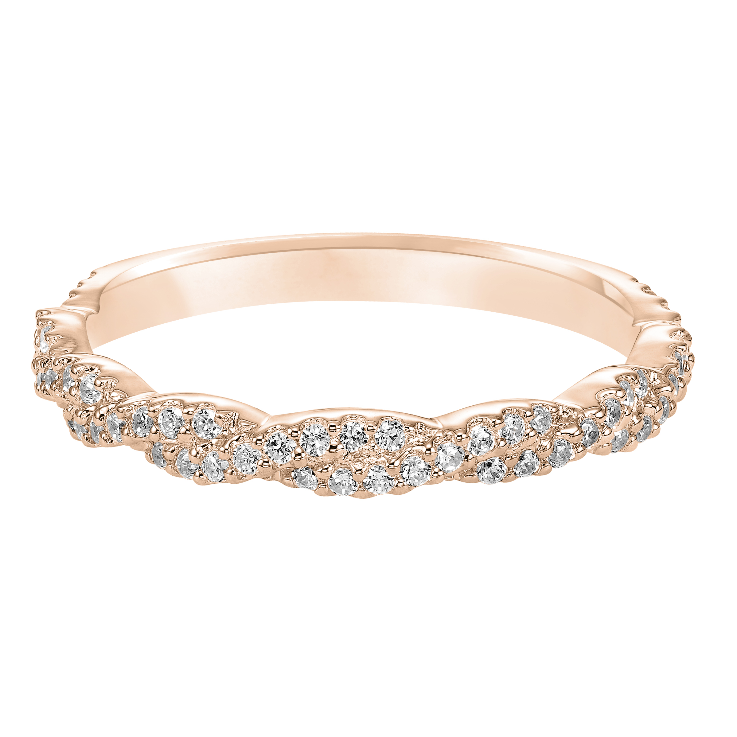 Wedding band with prong set, round diamonds and delicate twisted shank design.