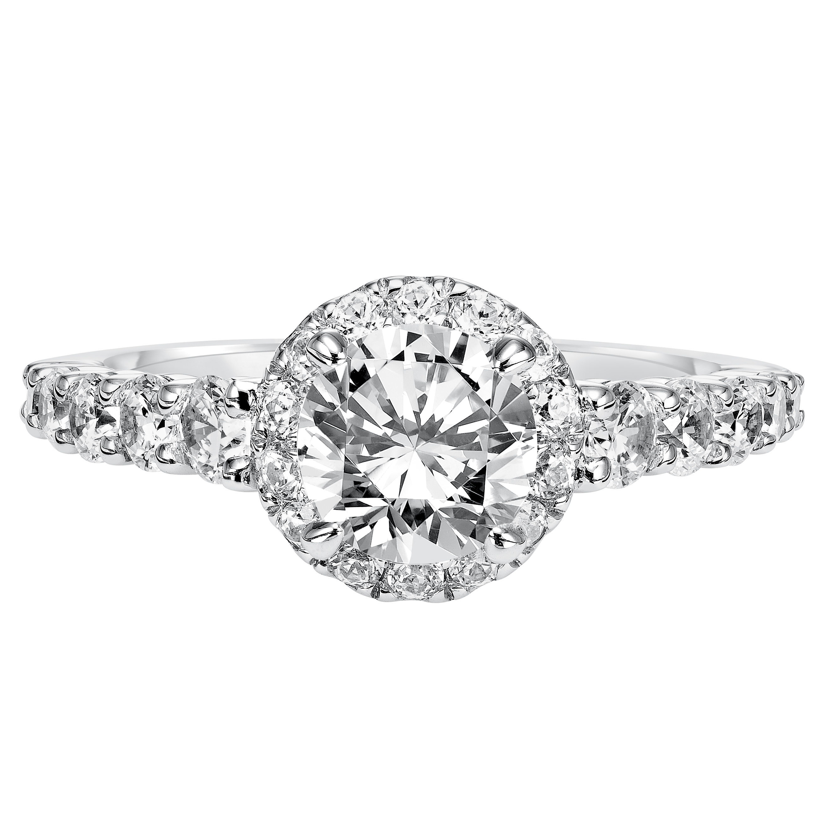 Magnificent and grand, this engagement ring was designed to accentuate the center diamond with its shared prong diamond halo and band for a show-stopping look