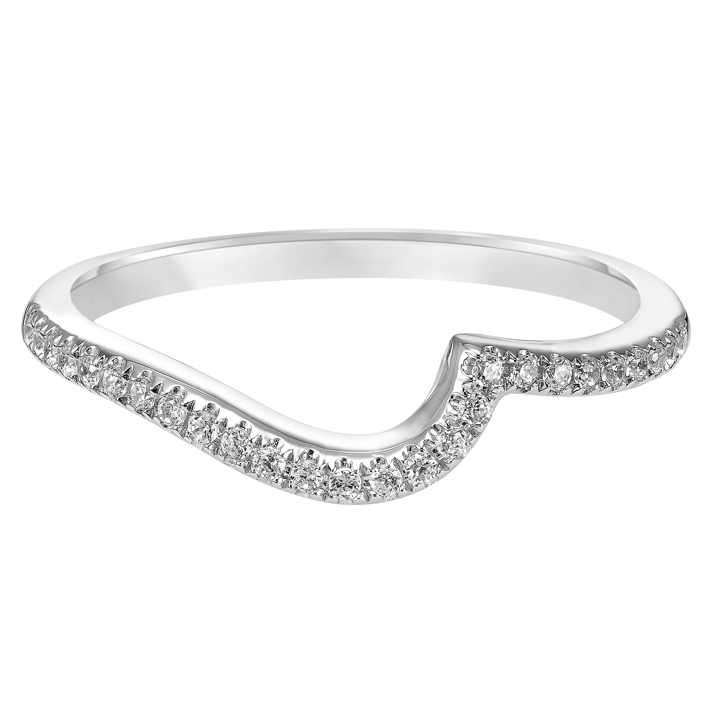 Wedding band with pave set, round diamonds and curved design to fit flush with matching engagement ring.