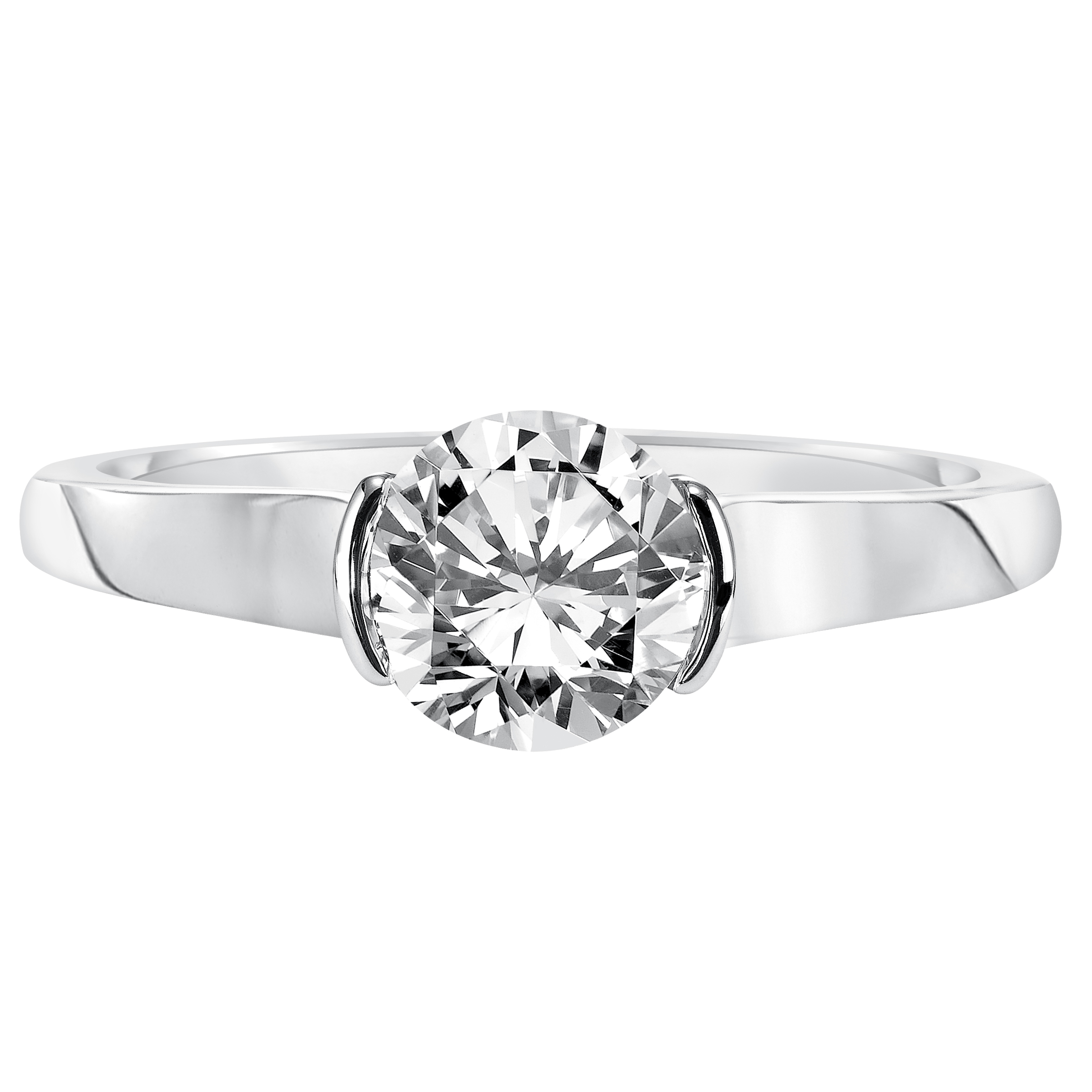 Gracefully designed, this modern half bezel engagement ring features a high polished band with a stunning criss-cross setting