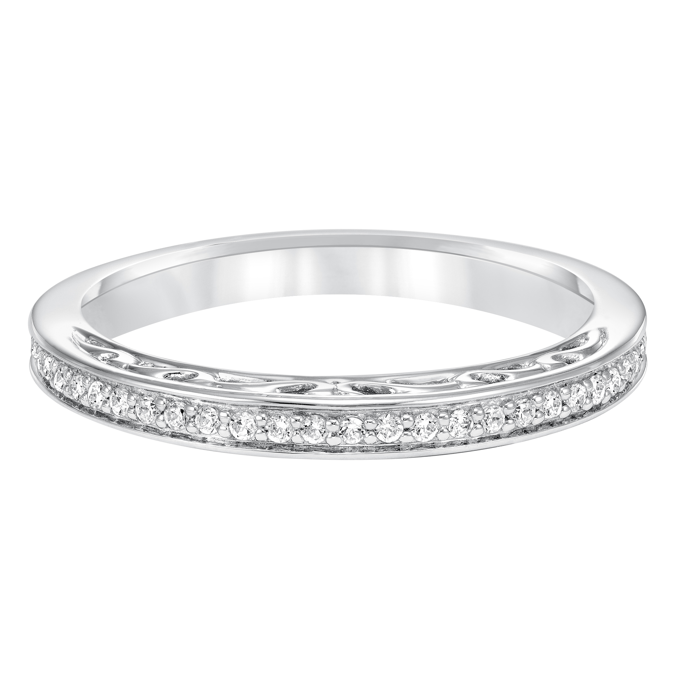 Diamond prong set with filgree accent wedding band