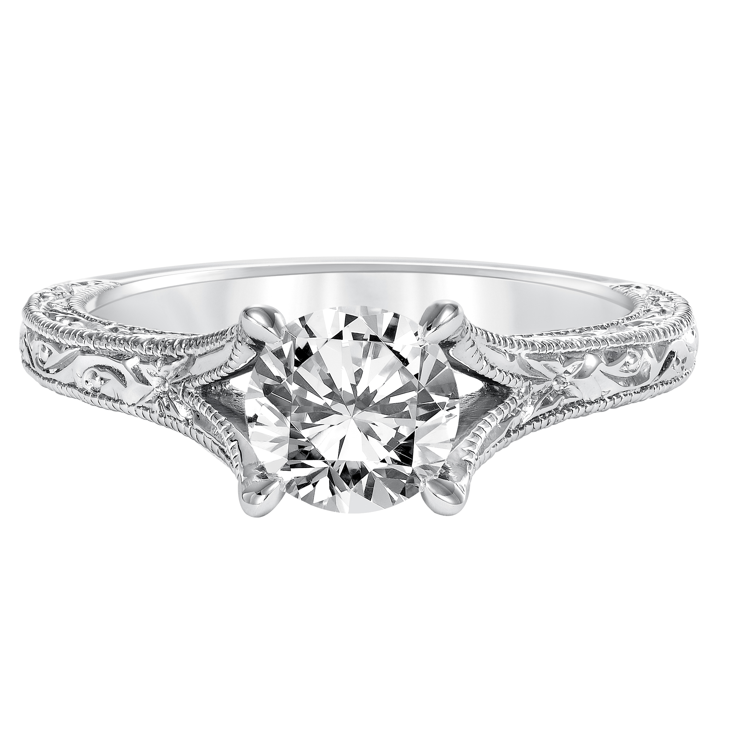 Diamond Prong Set Engraved Millgrain Split Shank Band