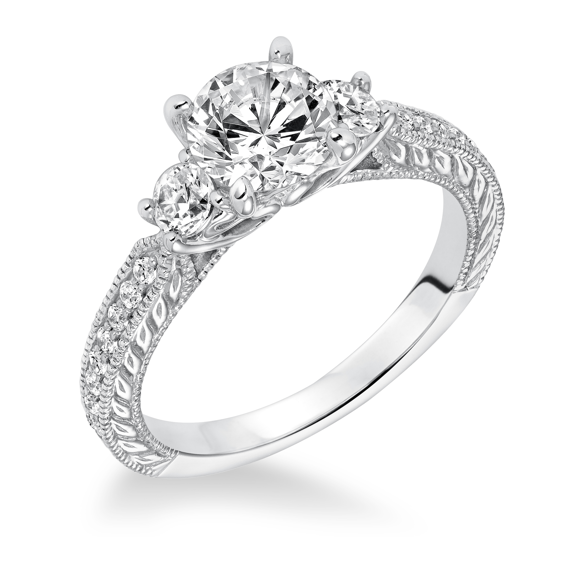 Engraved Three Stone with Milgrain Engagement Ring