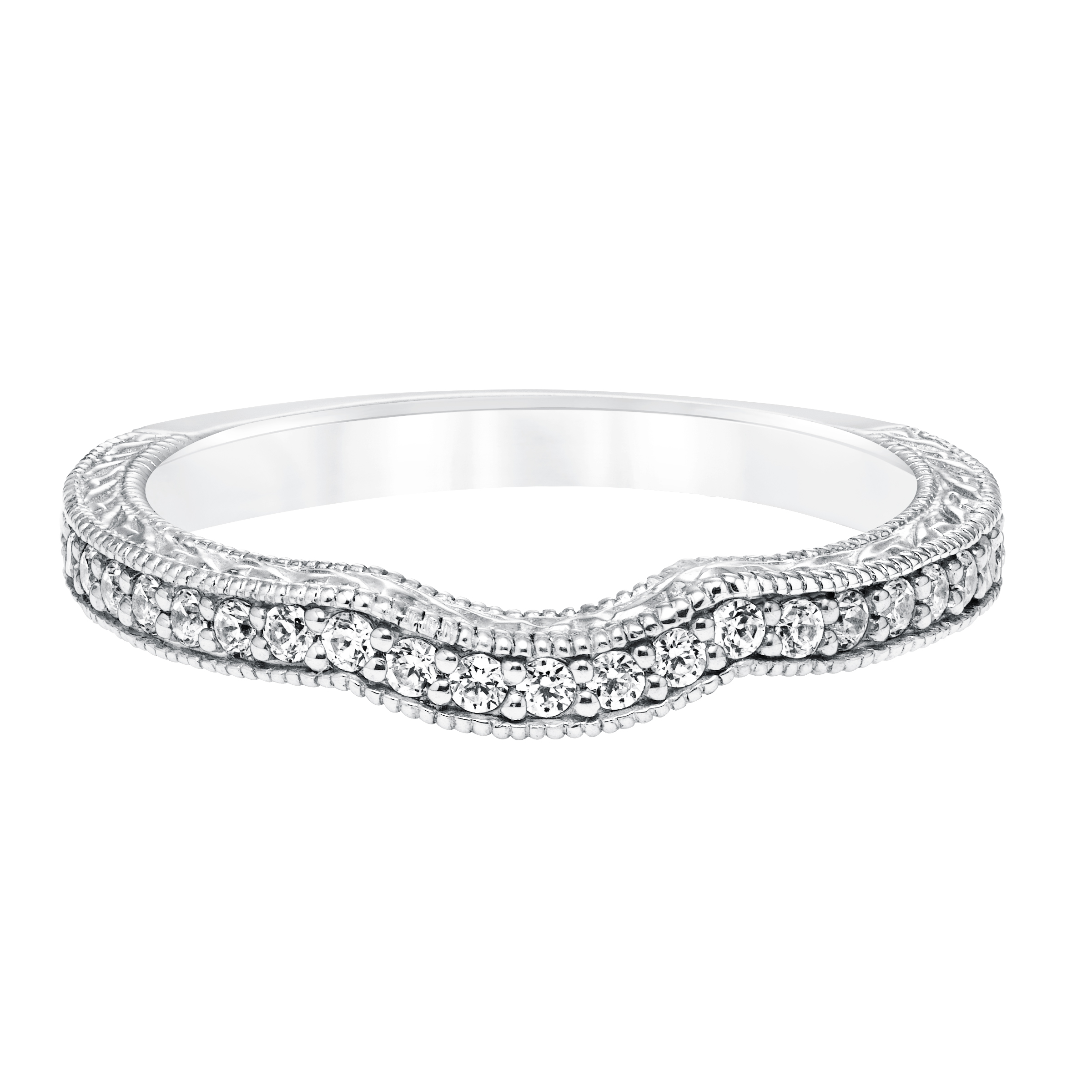 Diamond Curved Engraved and Milgrain Wedding  Band