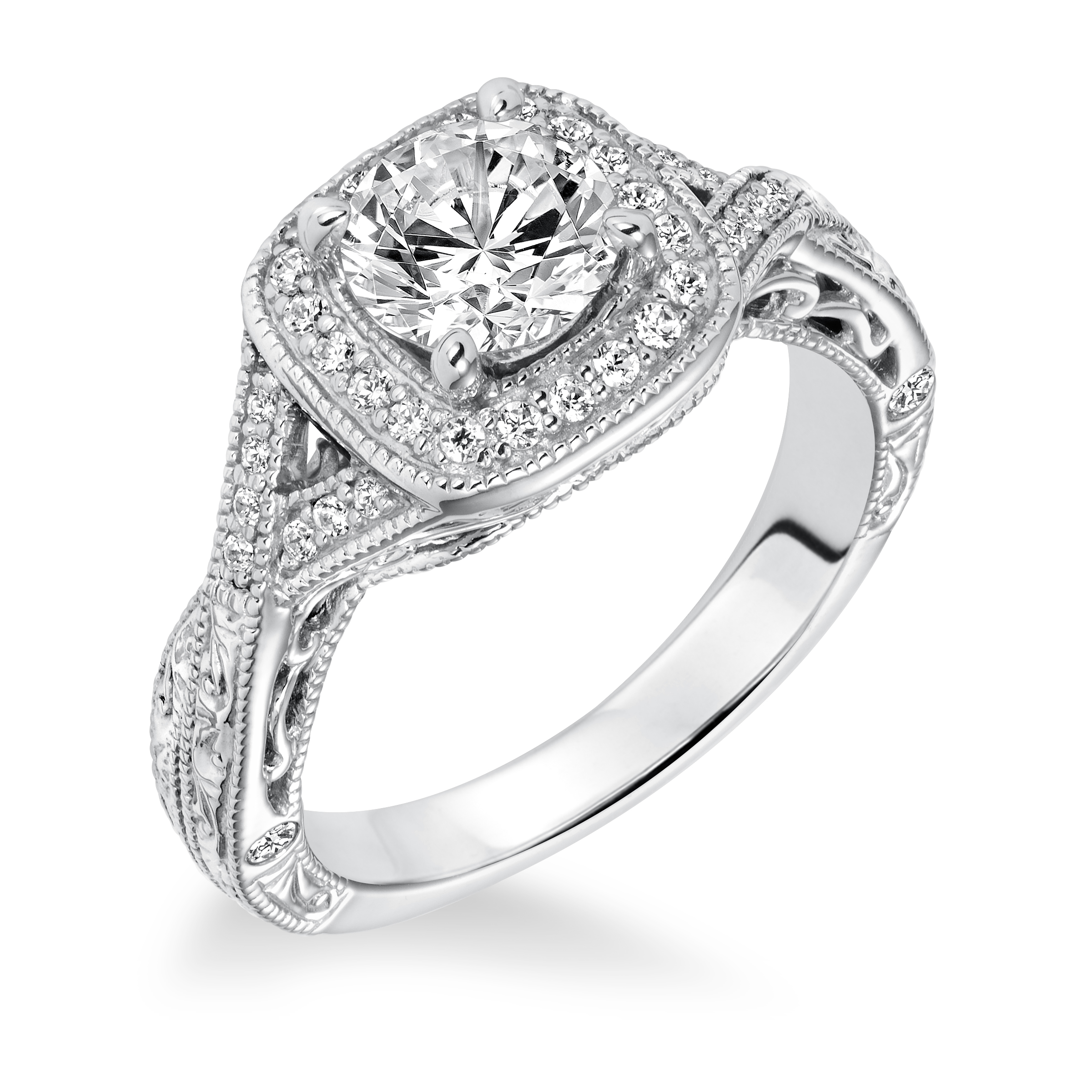 Engraved Halo with Milgrain and Split Shank Engagement Ring