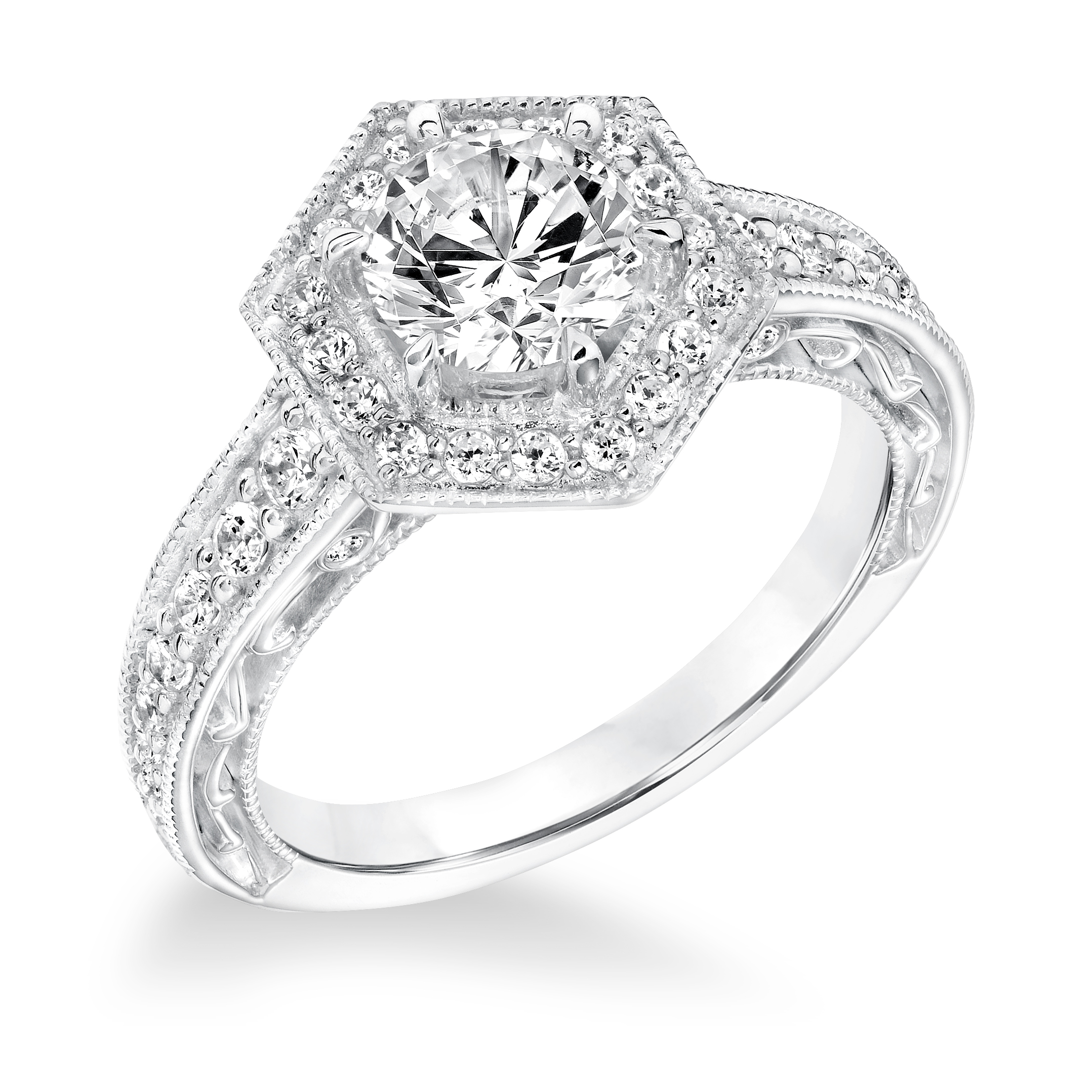 Contemporary Diamond Halo with Filigree Accents and Milgrain Engagement Ring