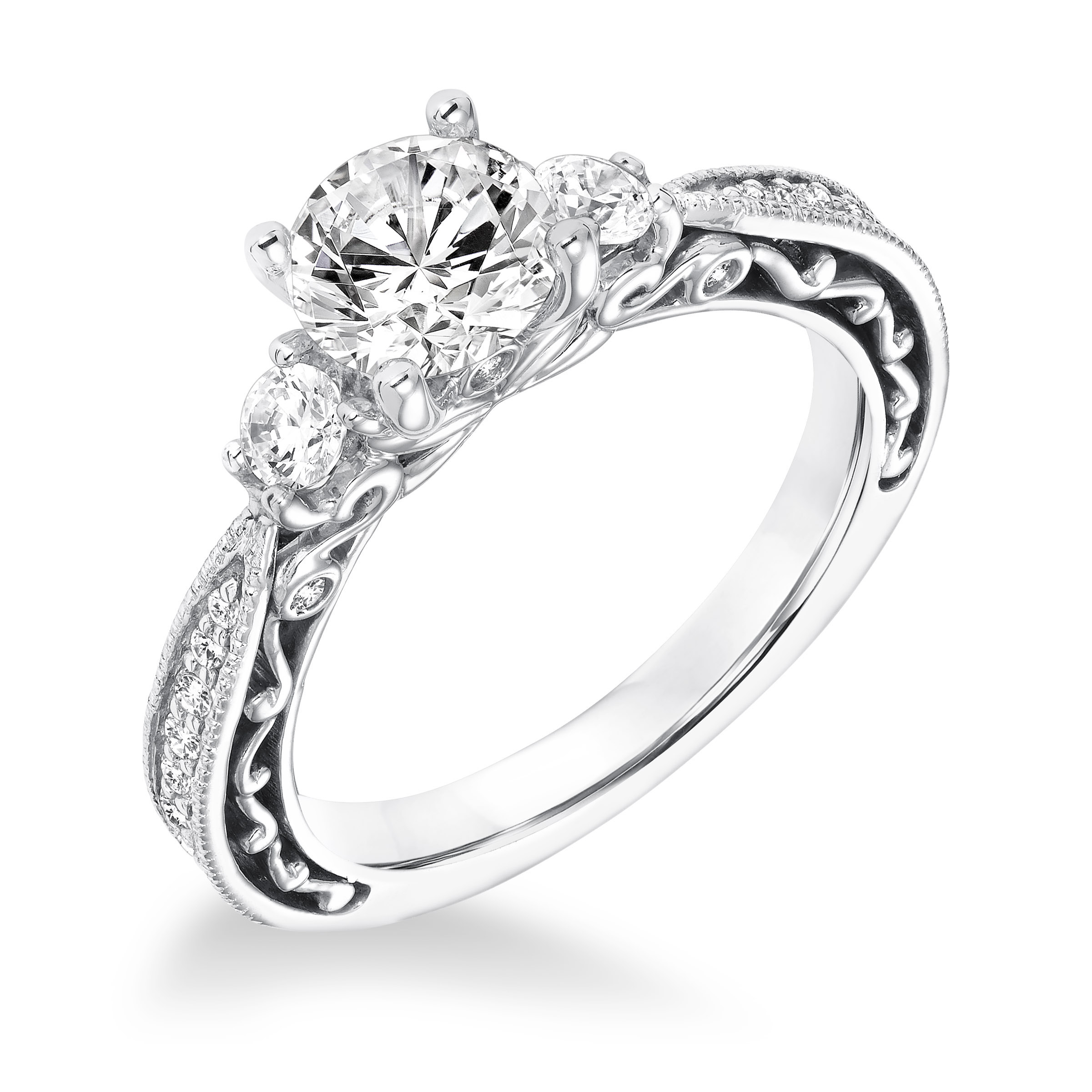Vintage Three Stone Diamond with Filgree Accents Engagement Ring