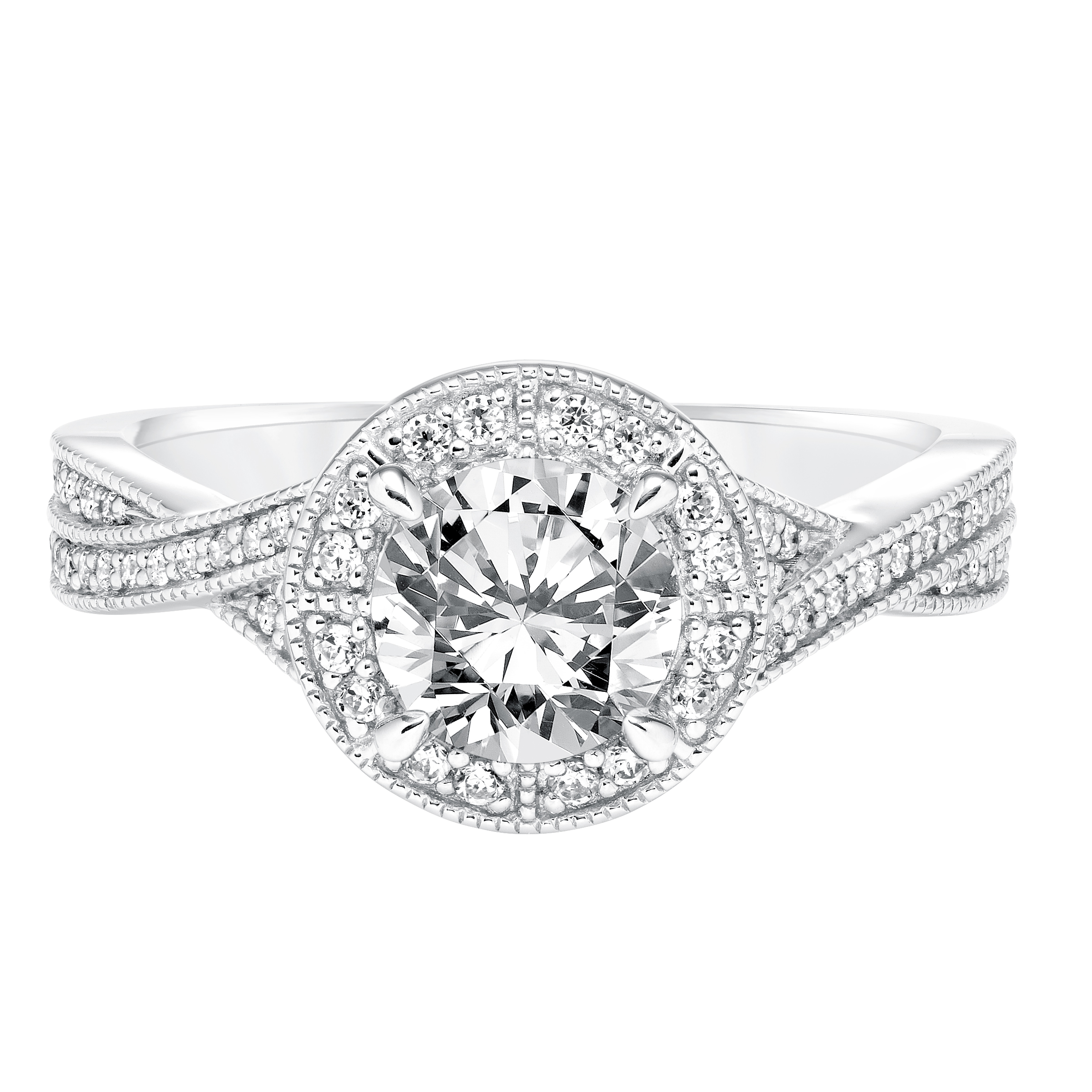 Diamond Halo Engagement Ring with Twisted Diamond Shank  and Milgrain Detail