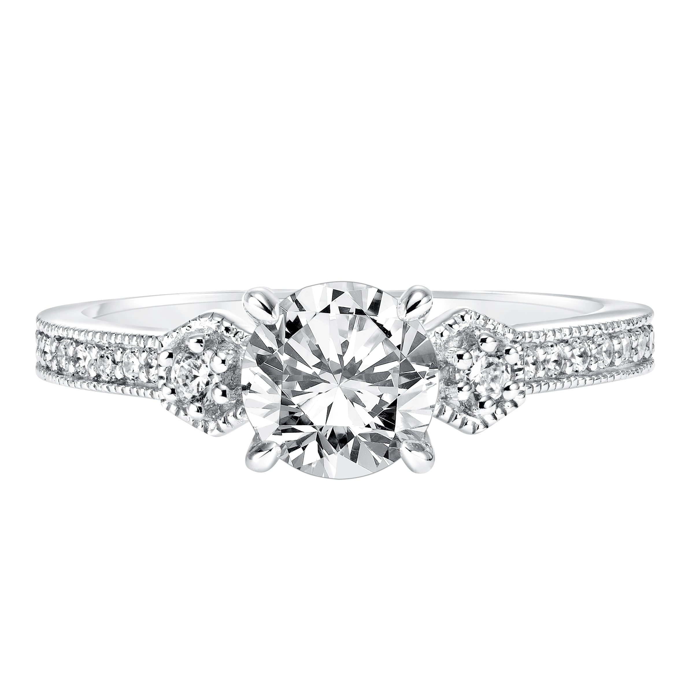 Three Stone Diamond Engagement  Ring with Diamond Shank and Milgrain Detail