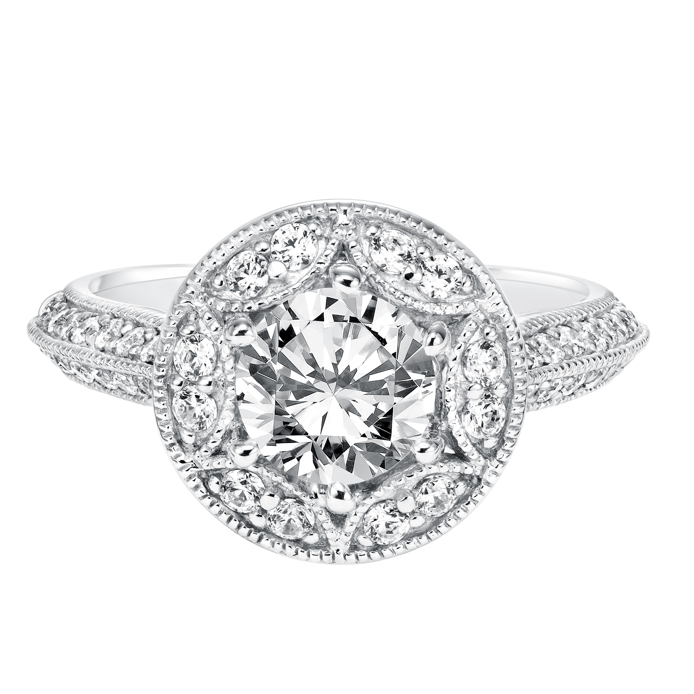 Diamond Halo Engagement  Ring  with Knife Edge Shank and Milgrain Detail