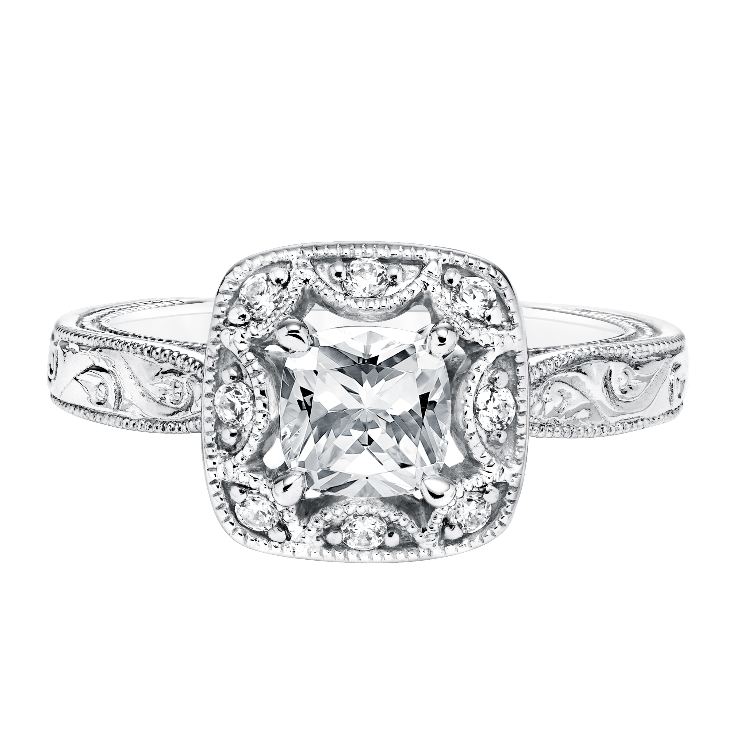 Diamond Halo Engagement  Ring with Engraved Shankd and  Milgrain Detail