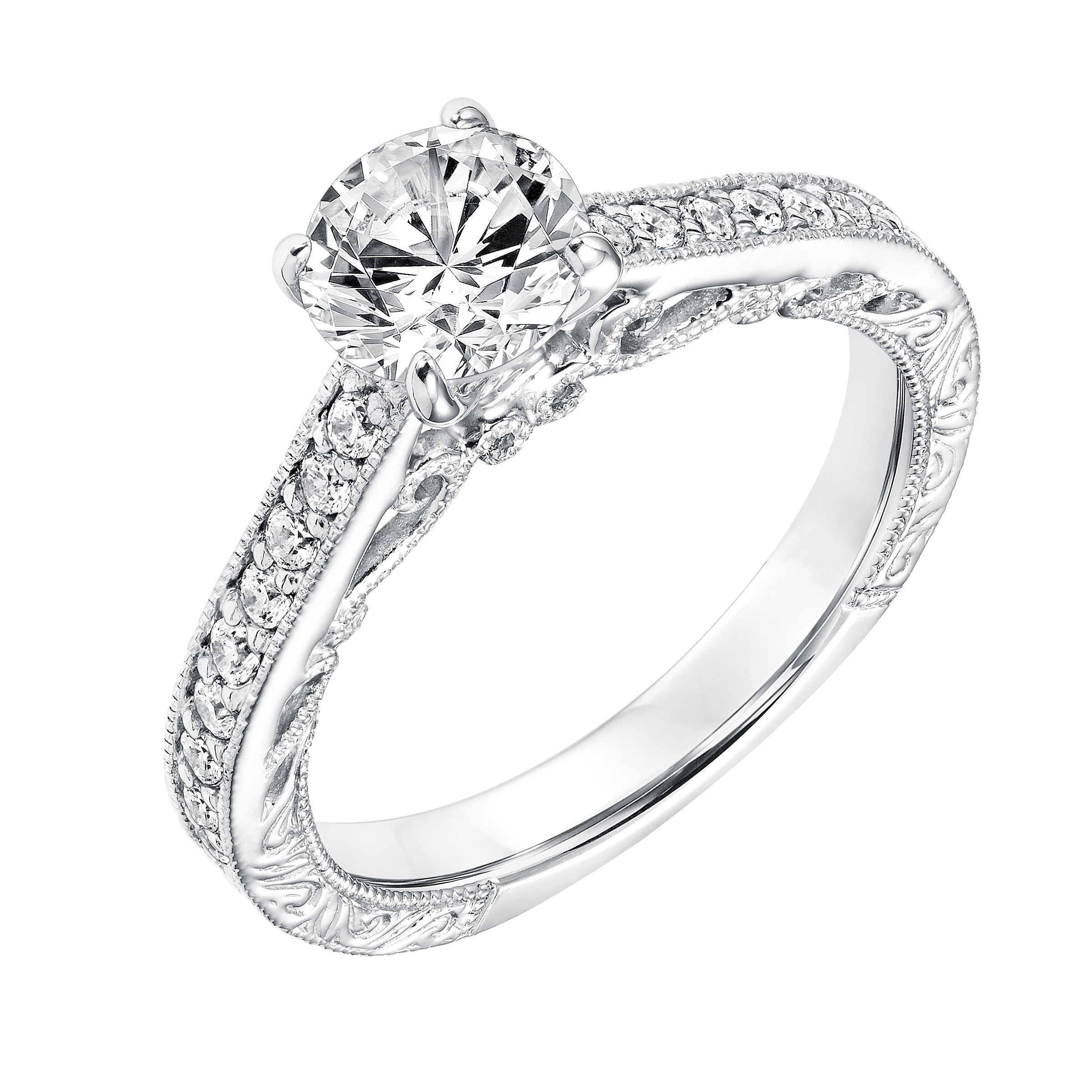 Diamond Prong set  Engagement Ring with Engraved Diamond Shank  Filigree and Milgrain Detail