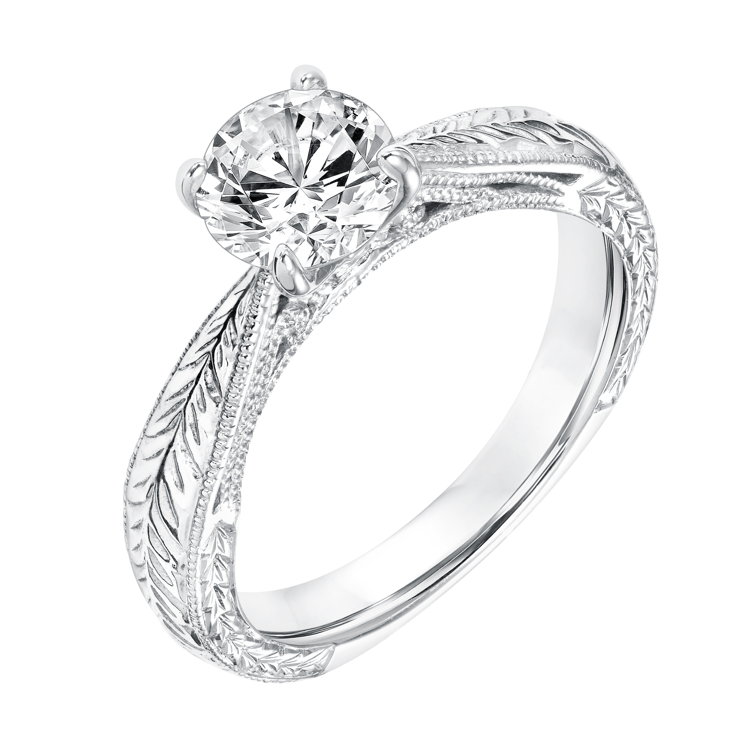 Diamond Solitaire Engagement Ring with Engraved Shank and  Milgrain Detail