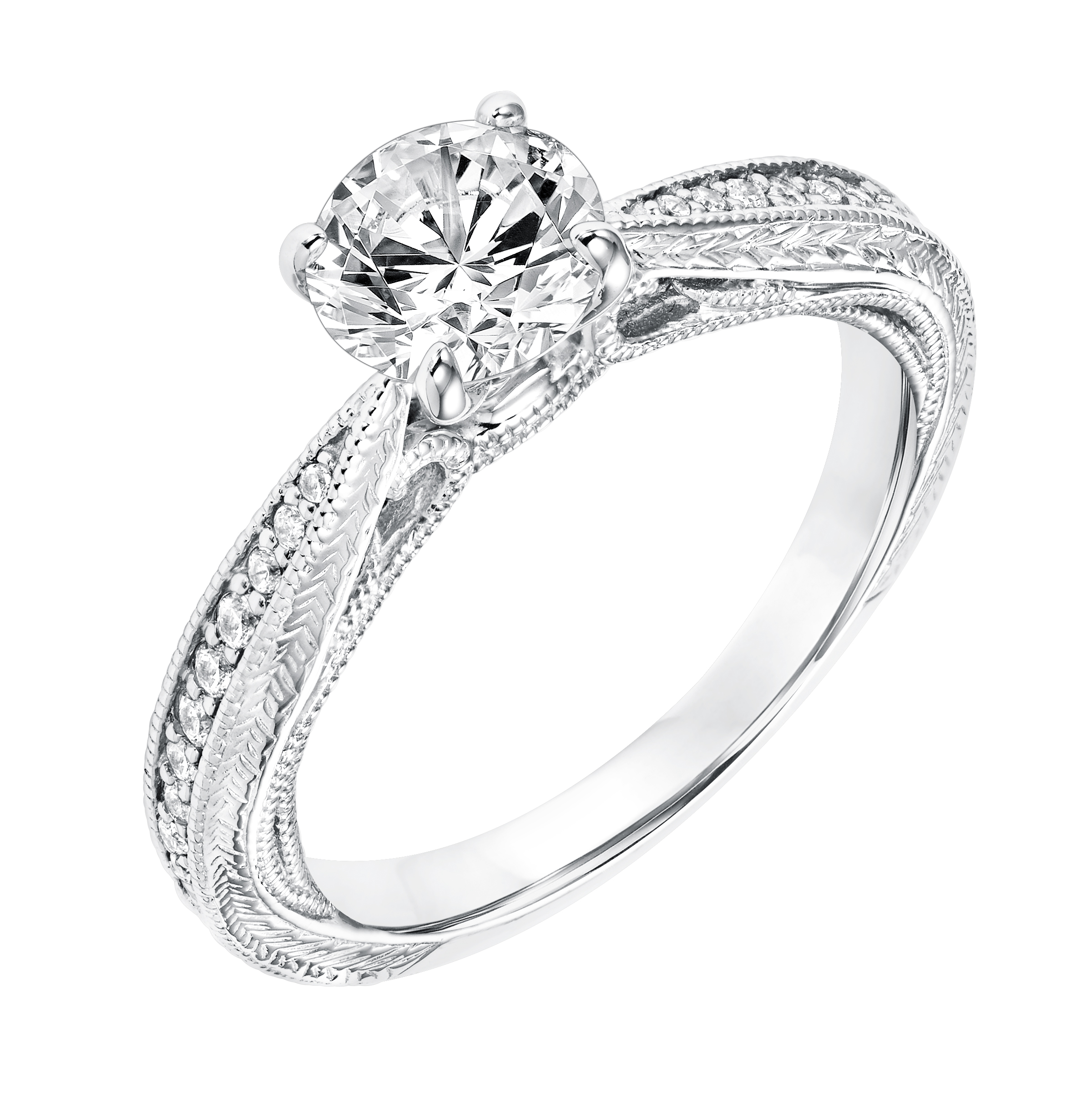 Diamond Prong Set Engagement Ring with Pinched Engraved Diamond Shank and Milgrain Detail