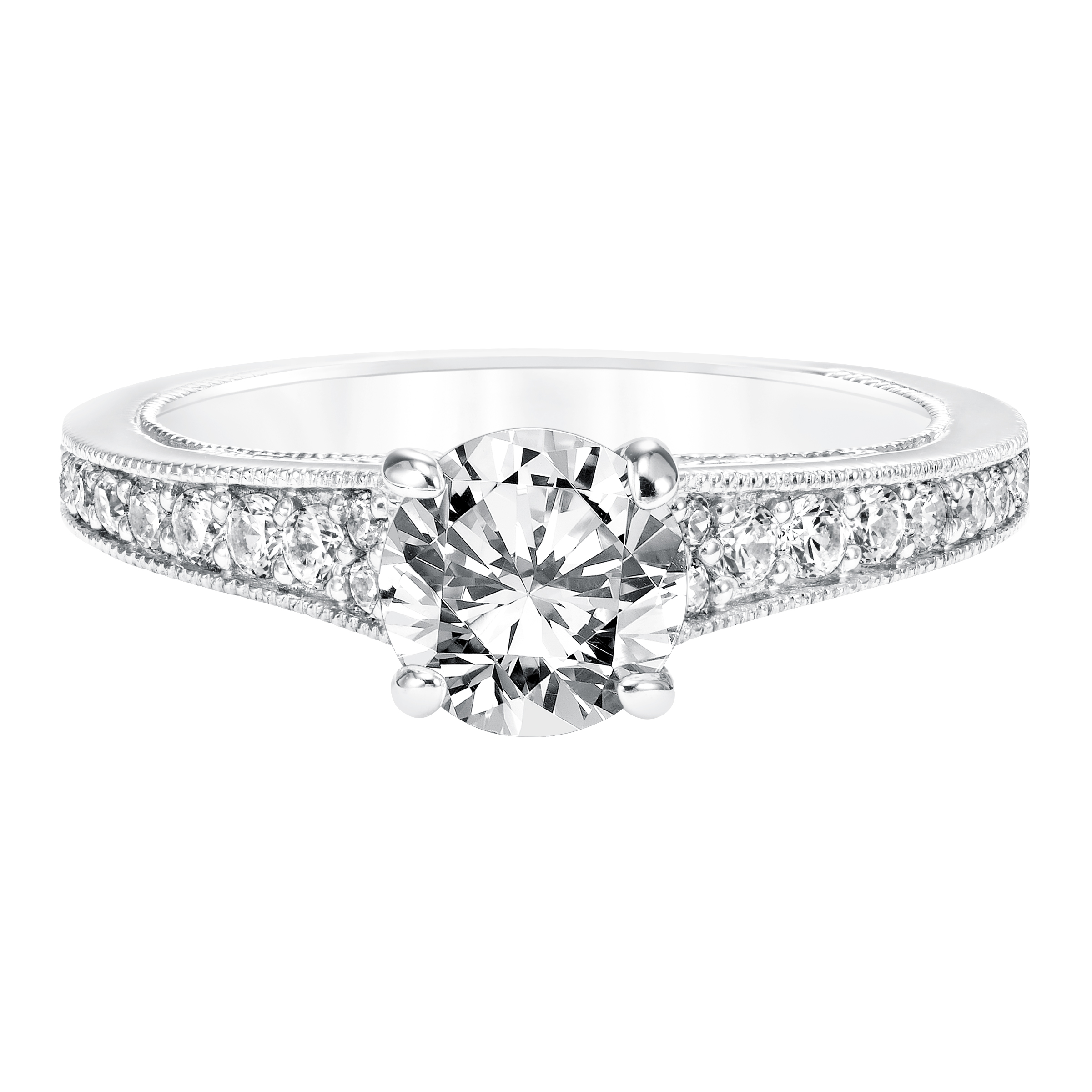 Diamond Prong Set Engagement Ring with Engraved Diamond Shank and Milgrain Detail