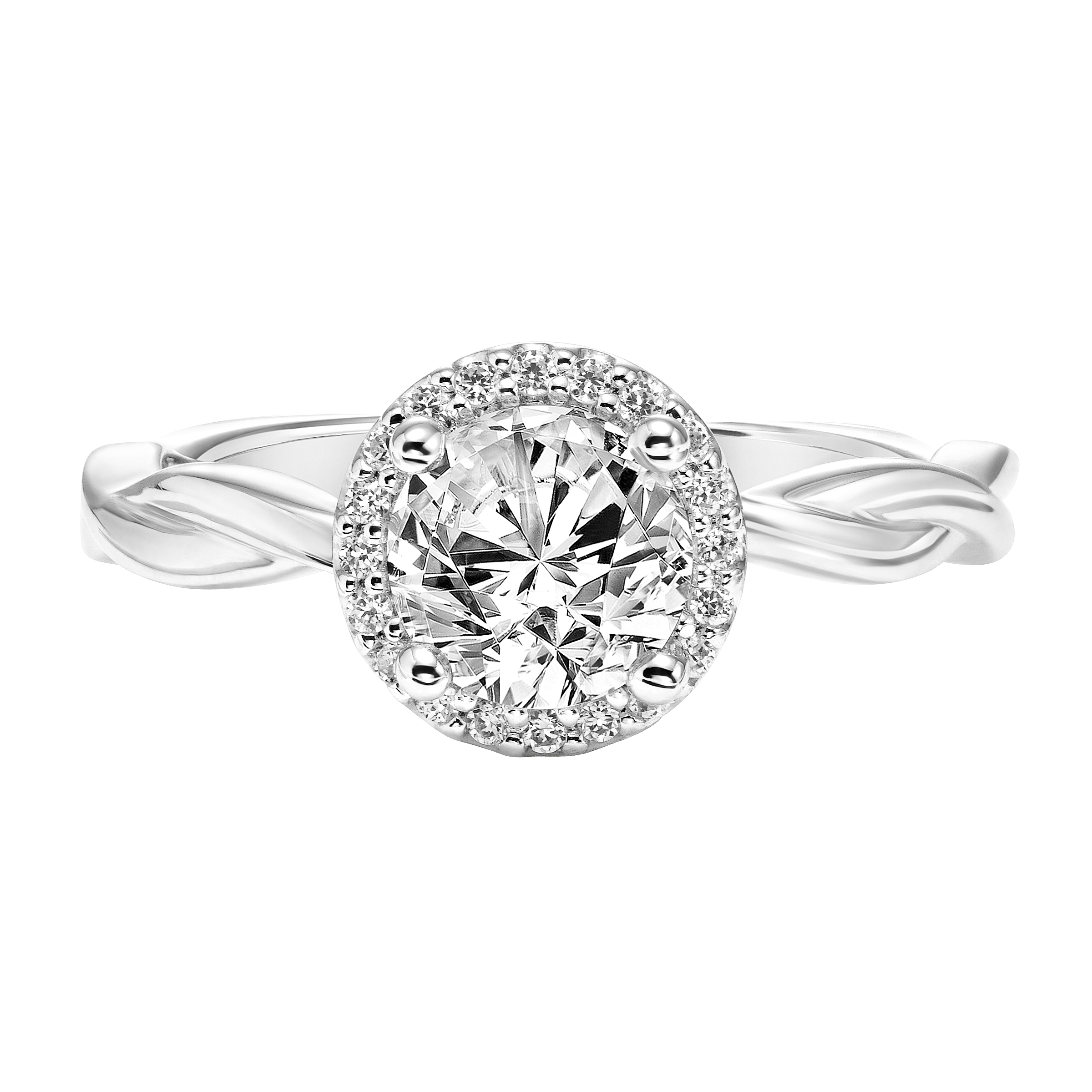 Diamond Halo Engagement Ring with Twisted Polished Shank and Bezel Diamond in Gallery