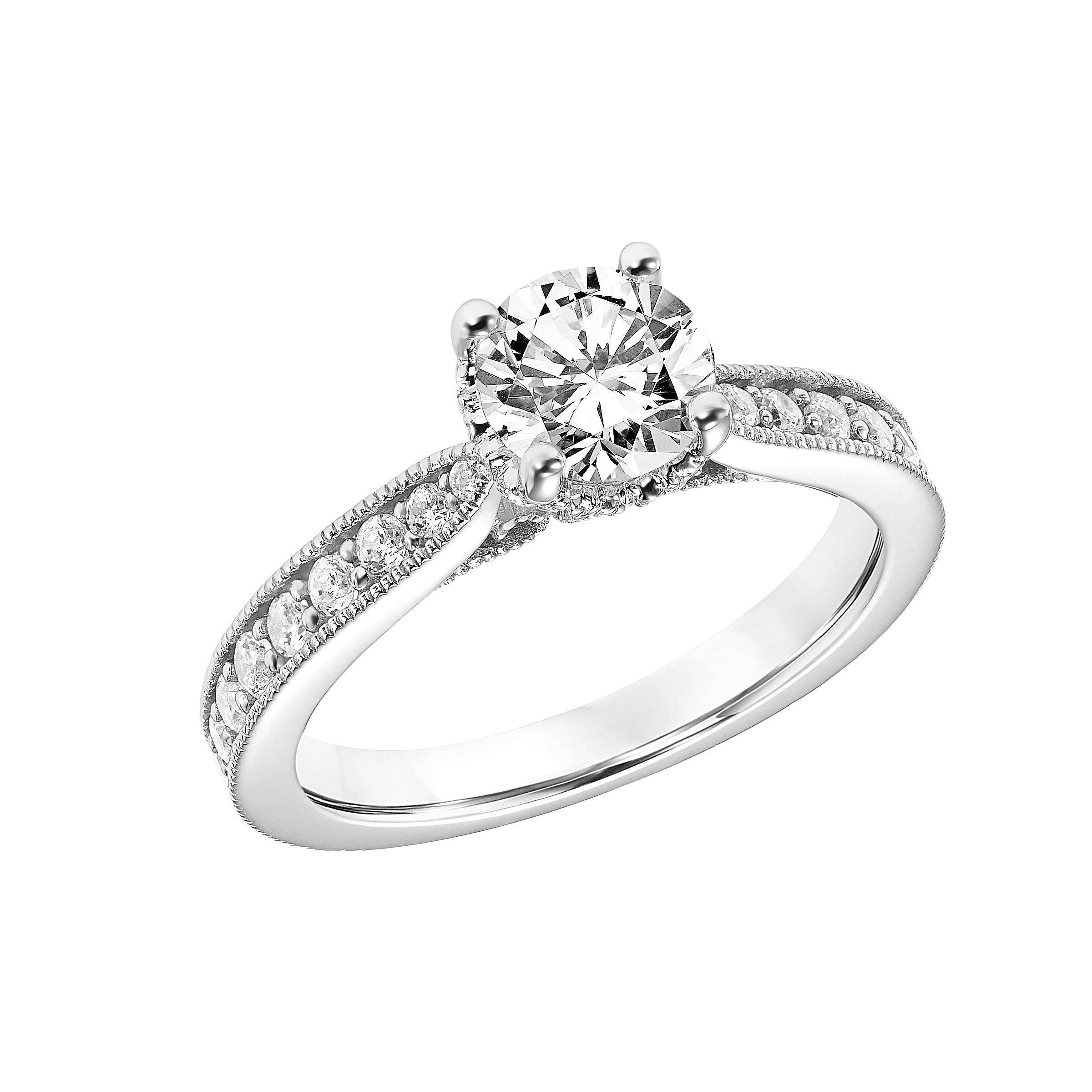 Vintage Diamond Prong Set Engagement Ring with Diamond Shank and  Milgrain Detail