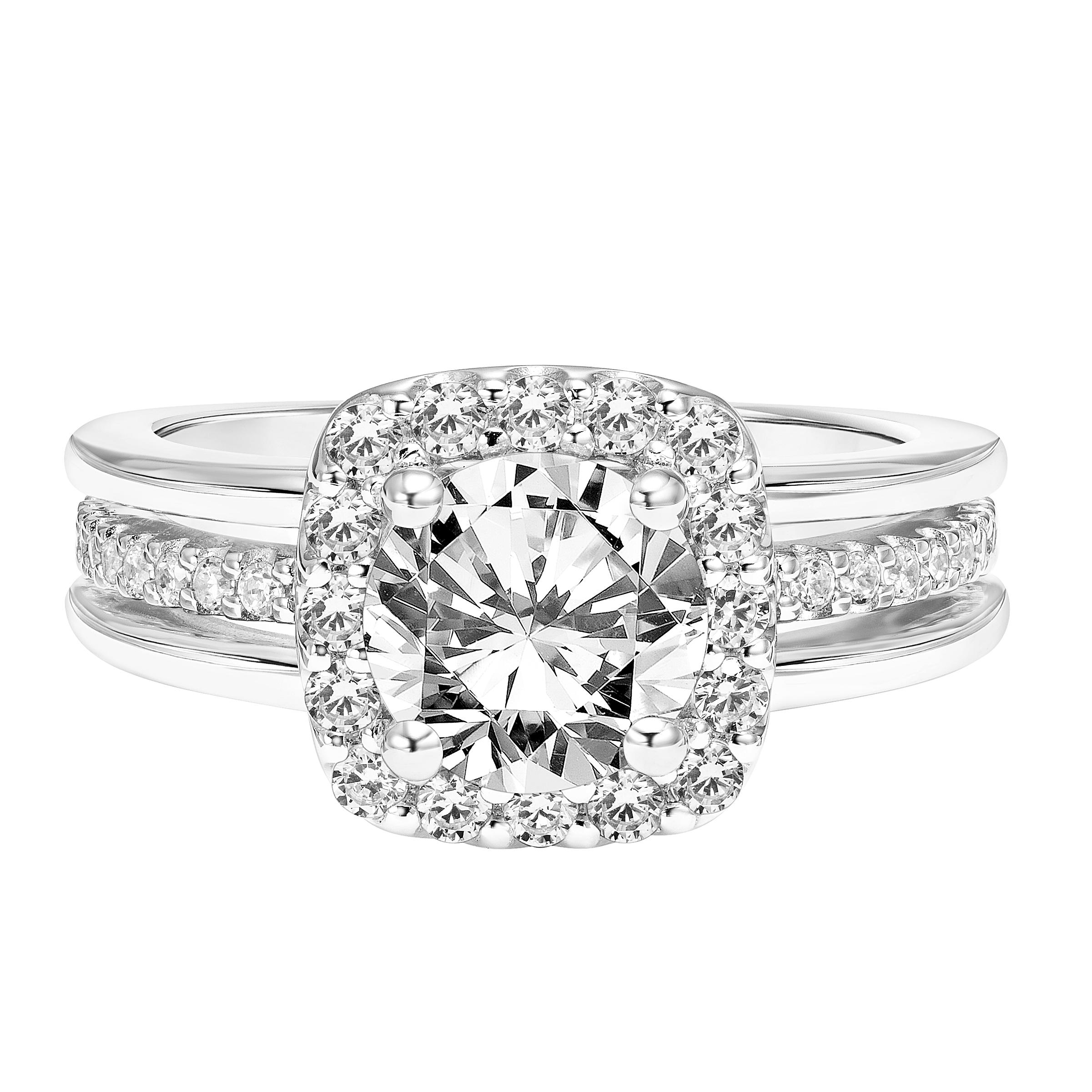 Diamond Halo Engagement Ring with Multi Row Polished and Diamond shank