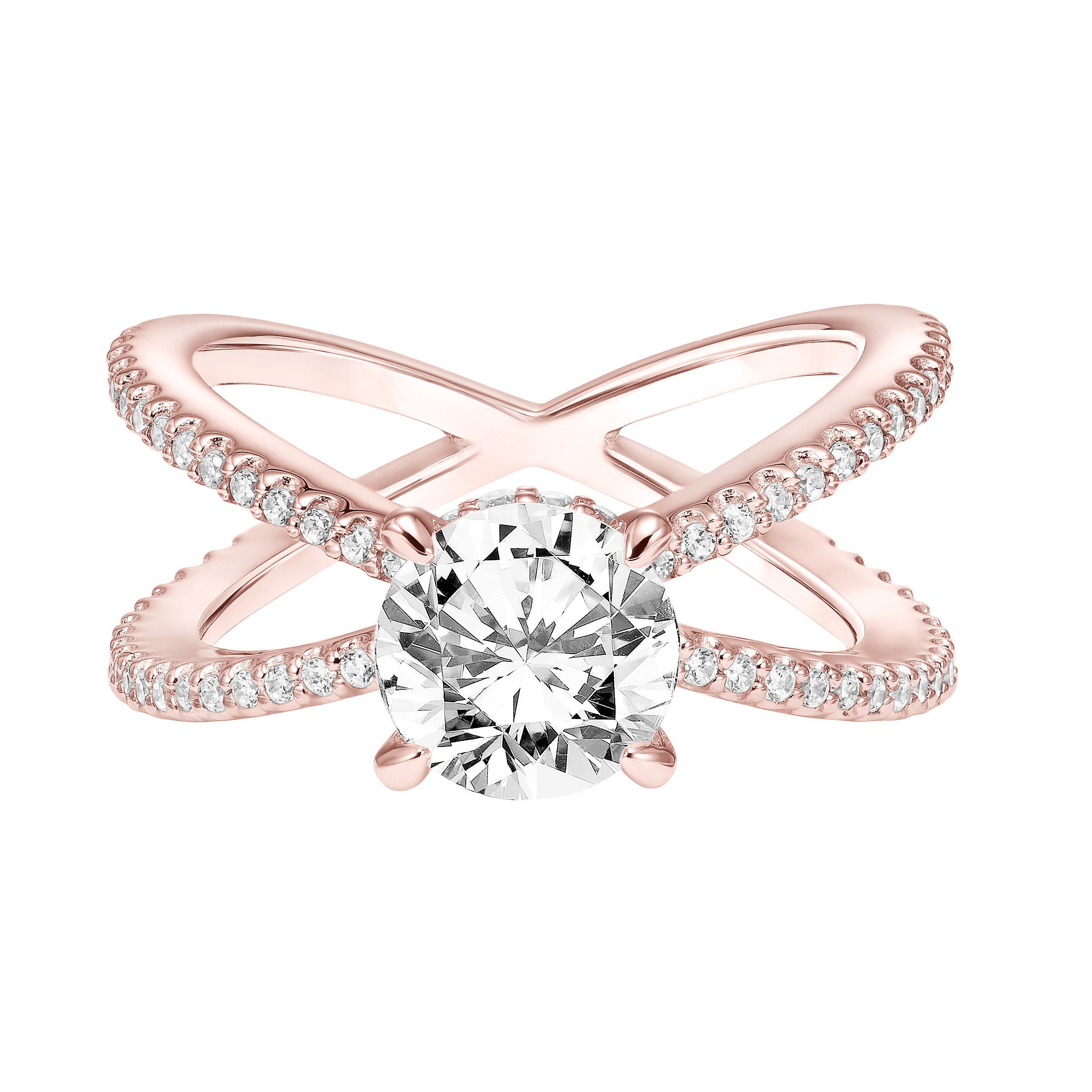 Diamond Prong Set Engagement Ring  with Diamond Collar and X Shape Diamond Shank